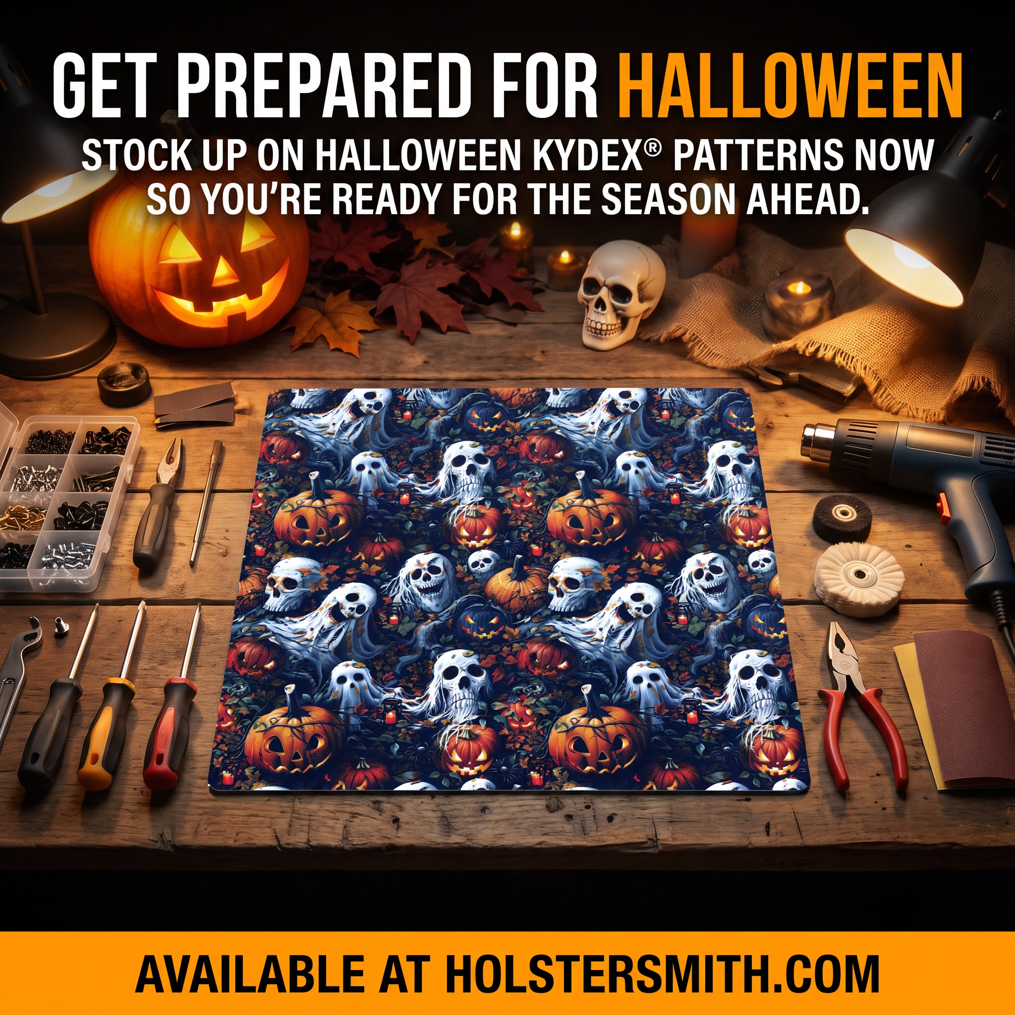 A collection of Halloween-themed KYDEX® thermoform sheets displaying spooky designs including jack-o-lanterns, skulls, ghosts, and autumn leaves in fall colors. These infused graphic sheets showcase the digital printing process applied to professional-grade thermoform material, featuring a 3D depth effect ideal for holster and sheath making.
