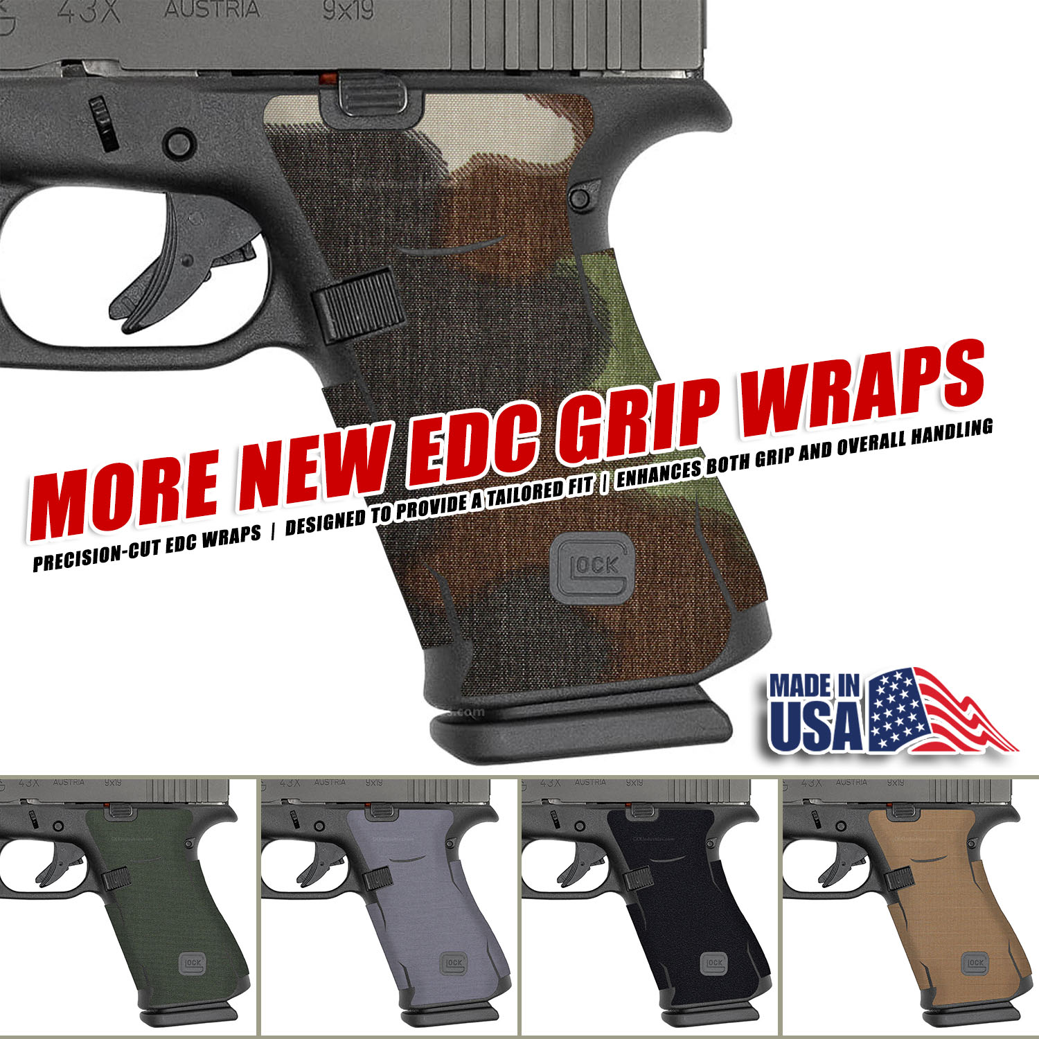 Close-up of EDC Wrap® Gun Grip Wrap Kits applied to multiple Glock® firearm frames showing adhesive backing, water-resistant coating, and textured grip surface across Gen 3 and Gen 5 series