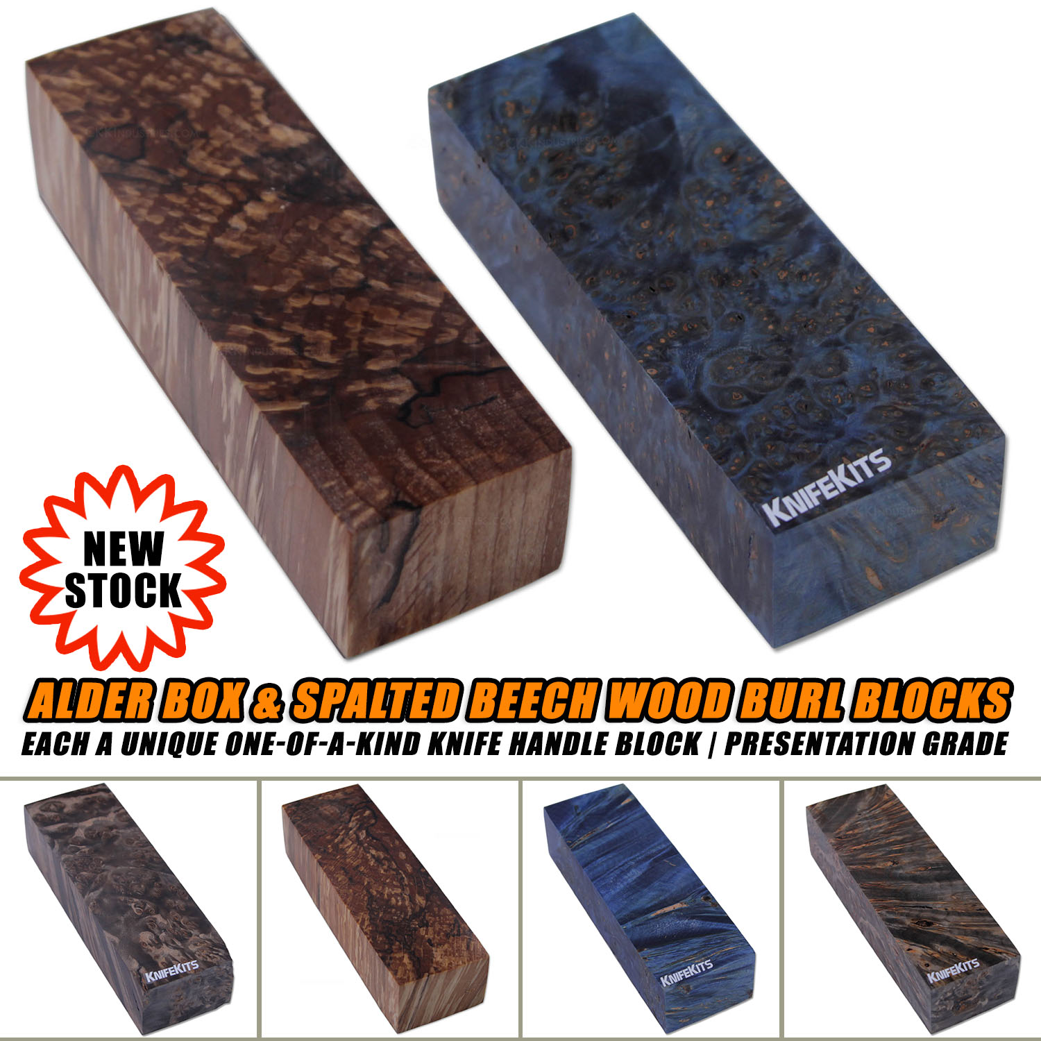 Presentation Grade Alder Box Burl handle blocks in blue and brown, and Spalted Beech Burl block, each 5.0 x 1.50 x 1.20 inches, displayed to show grain pattern and color variation