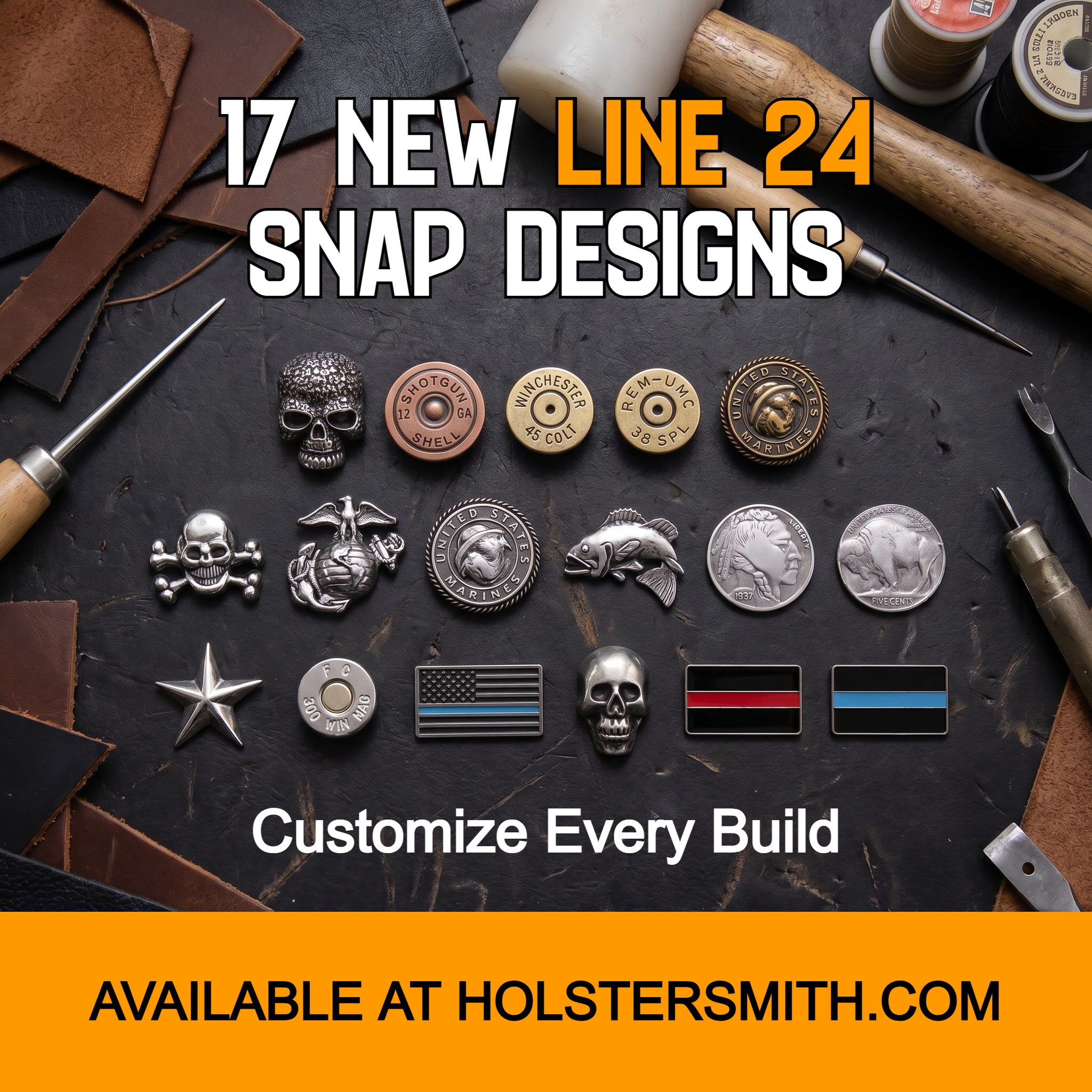 Set of Line 24 Snap hardware pieces shown in seventeen designs such as skulls, bullet caps, coins, and flag styles, arranged on a dark leather background.