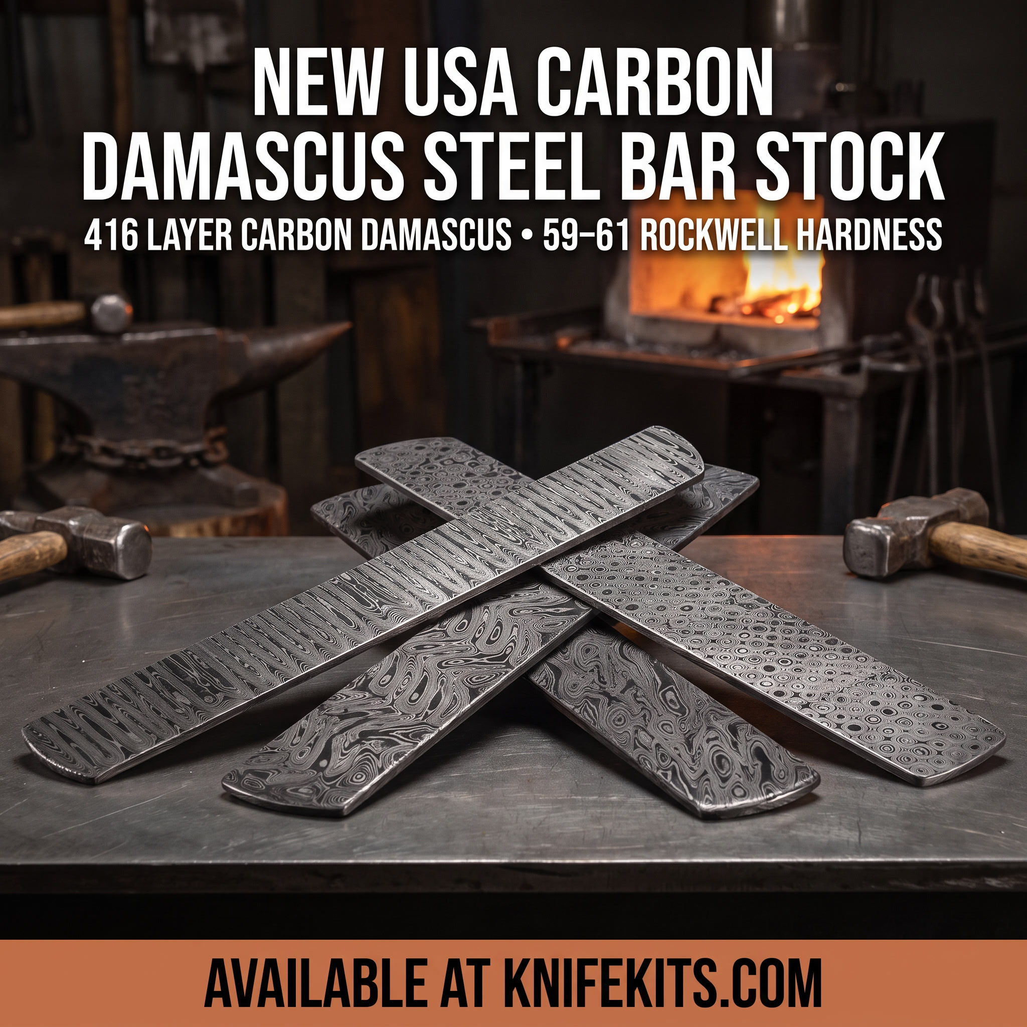 USA-made 416-layer carbon Damascus steel bar stock showing rippled multi-layer pattern, available in multiple sizes