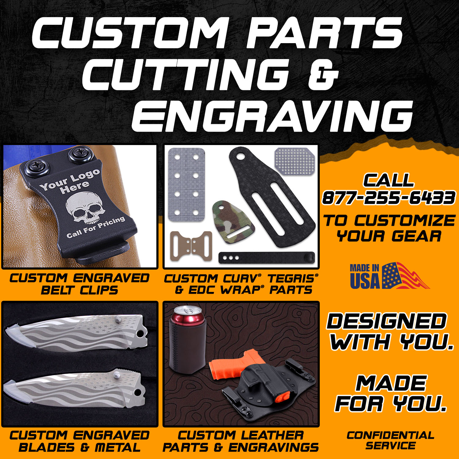 Custom parts cutting and engraving services for holster and knife makers - belt clips, blades, leather, Curv, and Tegris