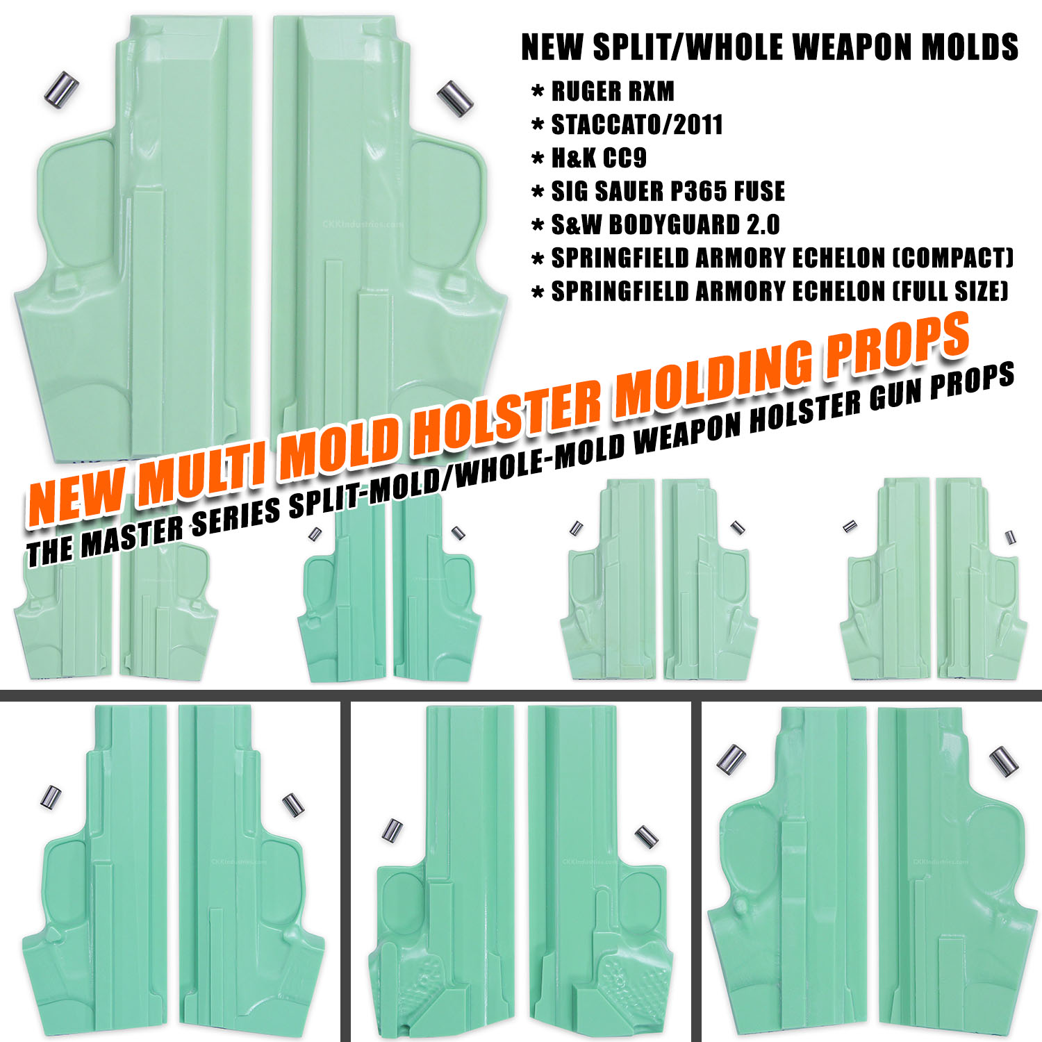 Promotional image showing new Multi Mold® Master Series Split/Whole Weapon Molds for custom holster making, featuring supported firearm models and Holstersmith.com branding.
