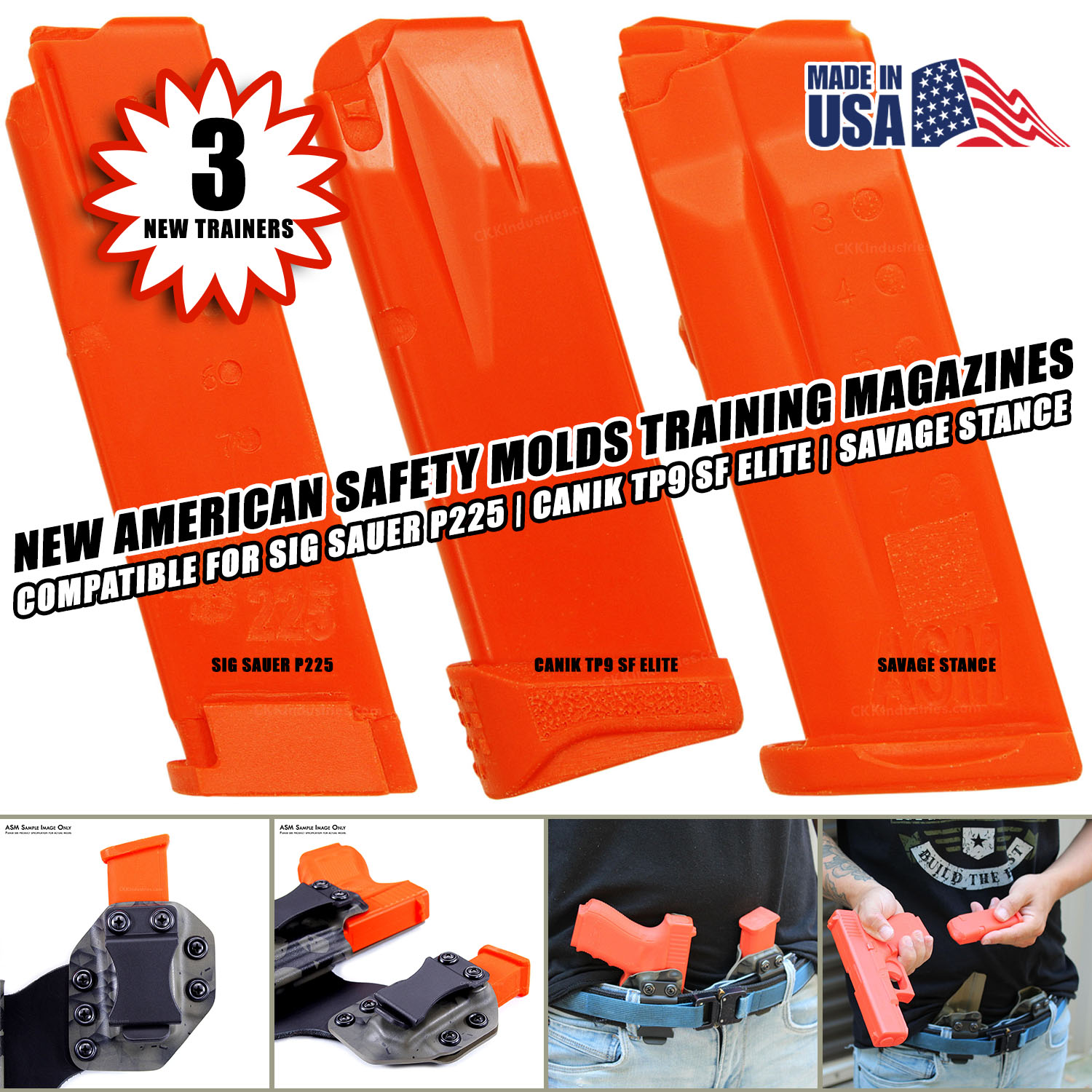 Three ASM™ firearm replica training magazines for Savage Stance, Canik TP9 SF Elite, and Sig Sauer P225 pistols displayed against white background“