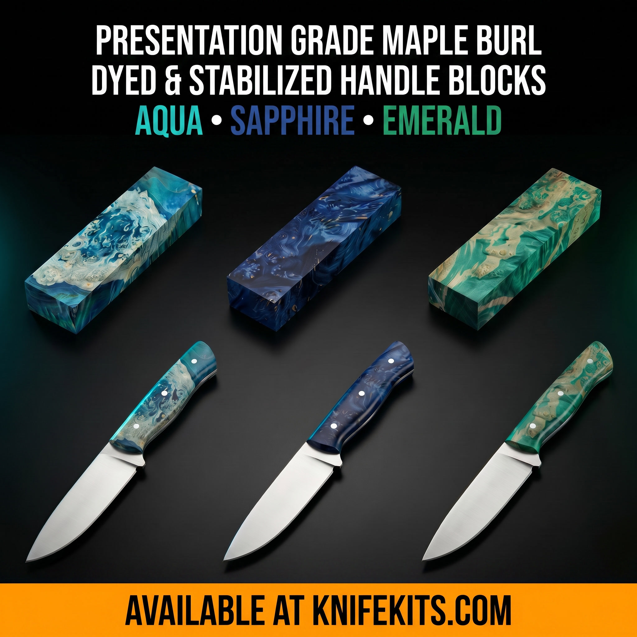 Three dyed and stabilized presentation grade maple burl knife handle blocks in Aqua, Sapphire, and Emerald colorways, shown on a dark workshop surface, displaying dramatic natural burl grain figure enhanced by deep color saturation — available at KnifeKits.com.