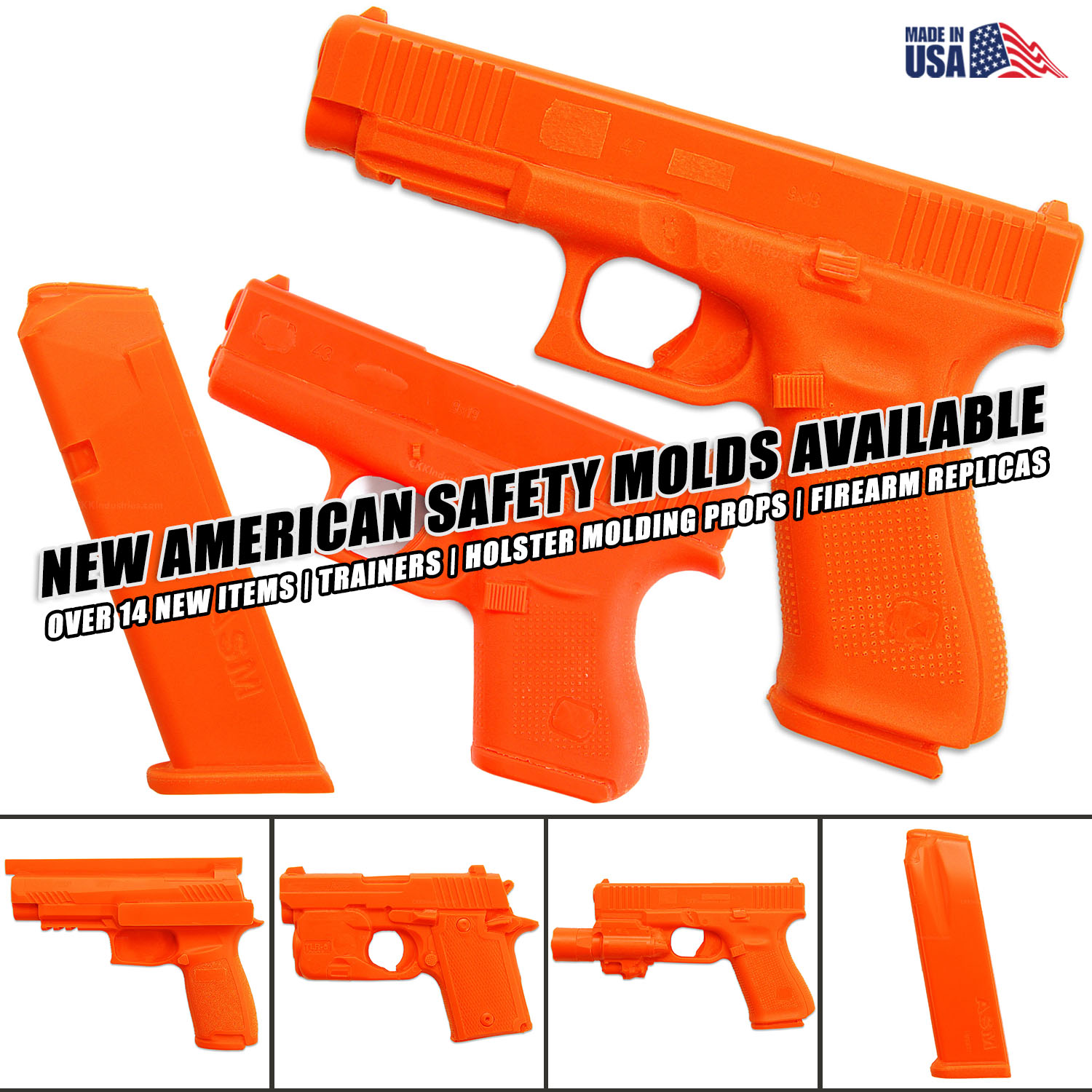 American Safety Molds™ blaze orange firearm replica molds and training props for professional holster making