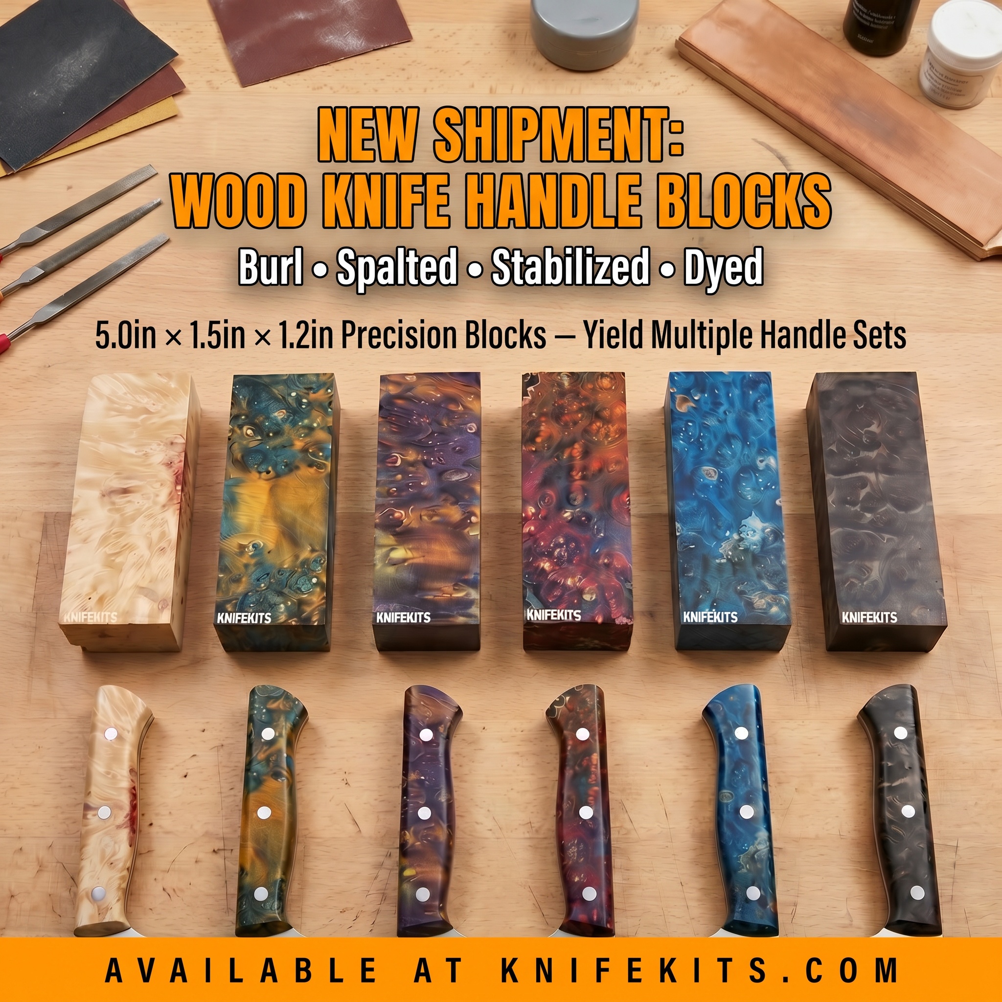 A close-up arrangement of presentation grade wood knife handle blocks in Maple Burl, Spalted Beech Burl, Beech Burl, and Alder Box Burl, showing rich natural grain and vivid dyed colorways including blue, red, purple, and emerald green, each block individually selected for exceptional figure and visual character.