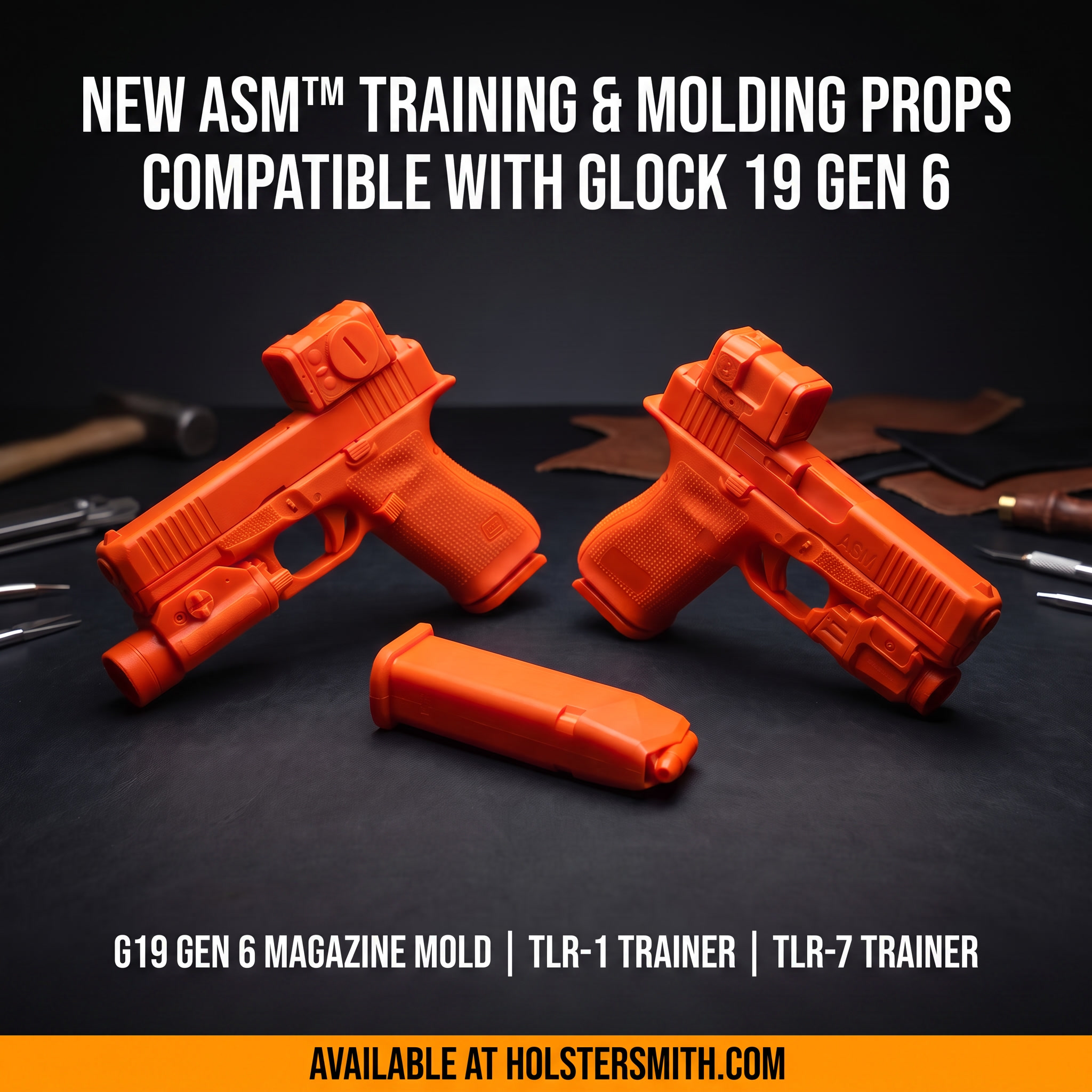 Three blaze orange American Safety Molds firearm replicas for the Glock 19 Gen 6, including a magazine molding prop and two weapon-light trainers, arranged on a dark holster-making workbench.