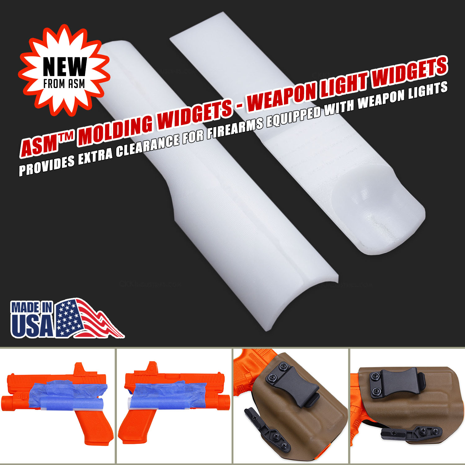 Two white ASM molding widgets displayed on dark background with “NEW FROM ASM“ badge, showing weapon light clearance tools for holster making with comparison images below demonstrating proper molding technique and finished holster results