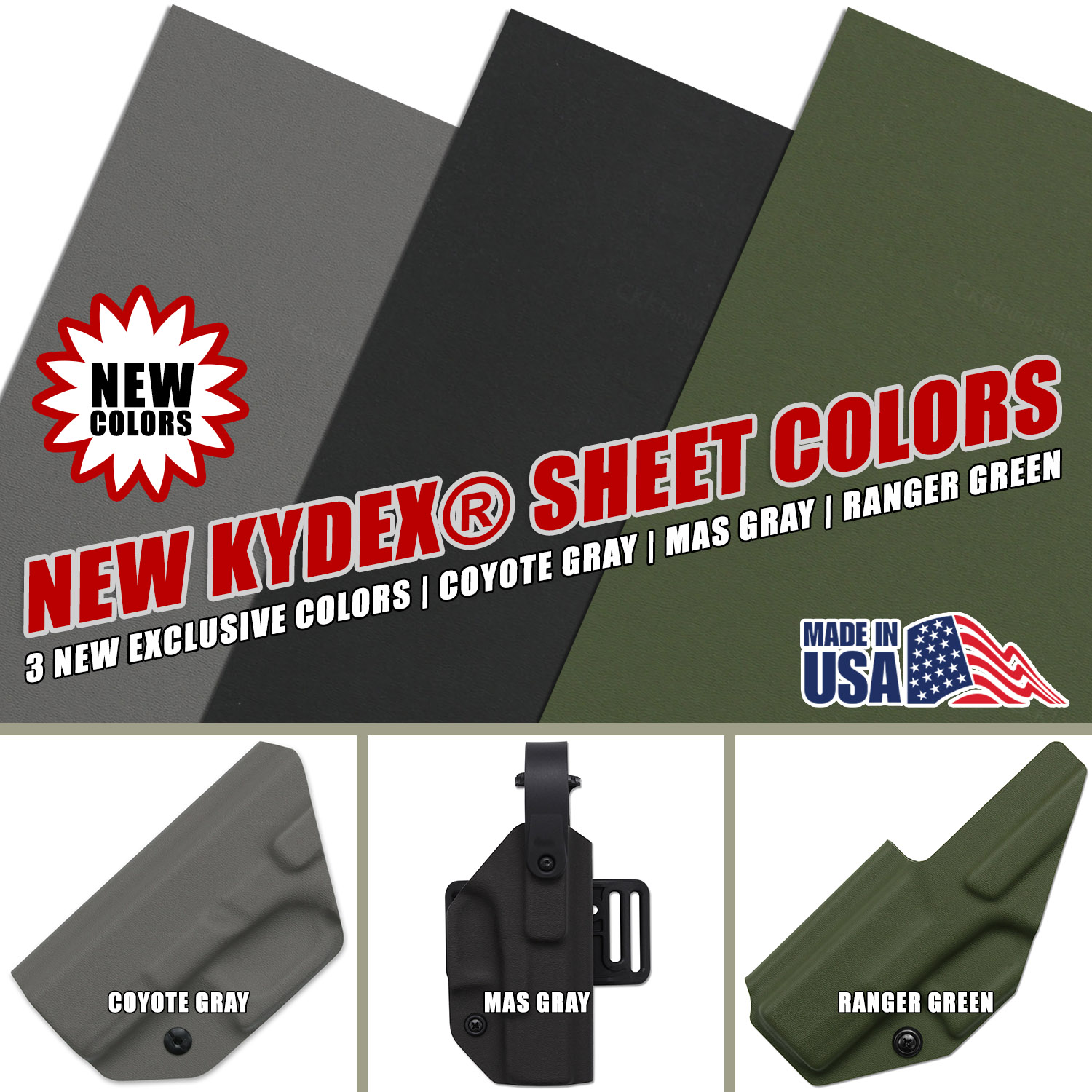 Three KYDEX® thermoplastic sheet samples displaying new colors: Ranger Green, a deep tactical green; MAS Gray, a dark slate gray; and Coyote Gray, a neutral tan-gray blend for holster and sheath making