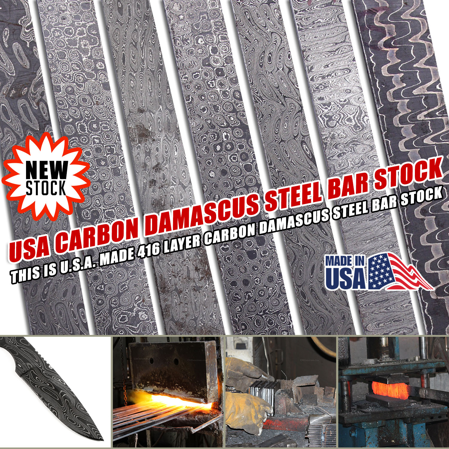 Premium USA damascus steel bar stock in multiple sizes featuring 416 layer construction with visible pattern variations