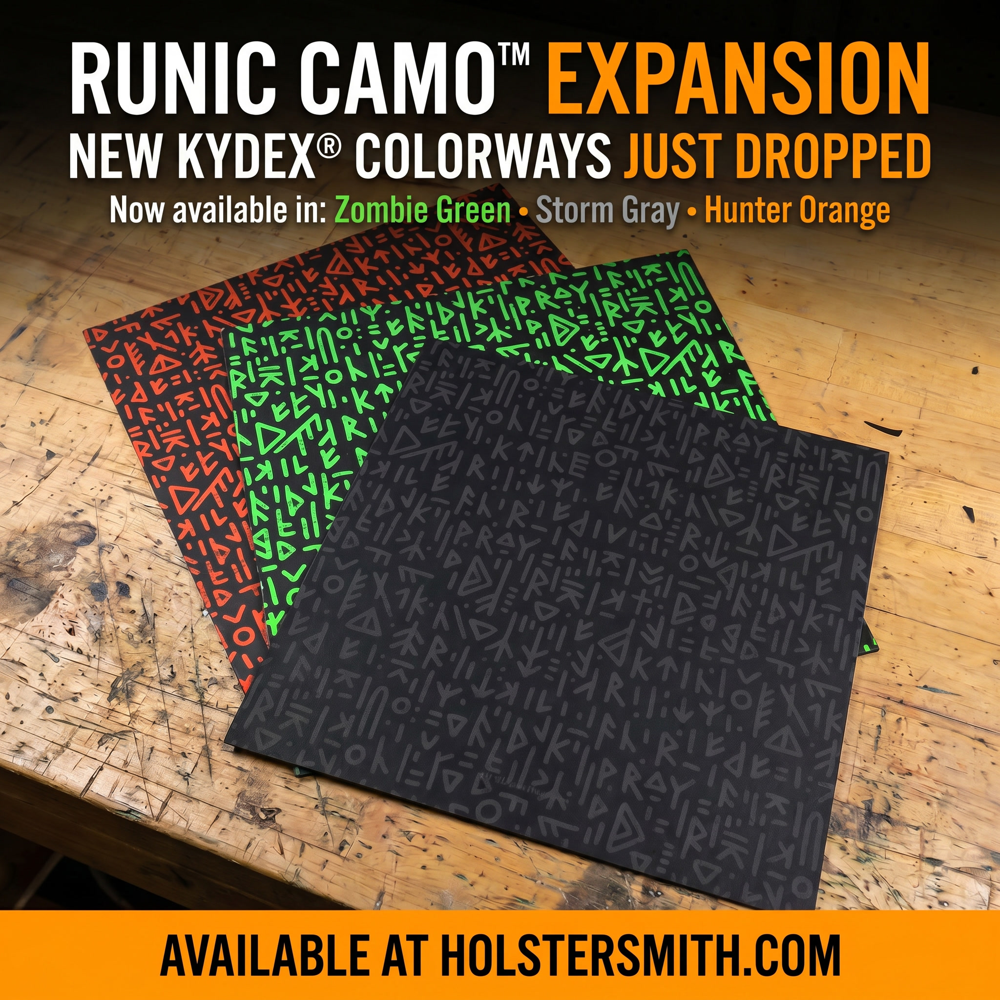KYDEX® Sheet in Runic Camo™ pattern — three new colorways: Hunter Orange, Storm Gray, and Zombie Green — featuring Viking-era rune markings permanently infused into .080 gauge KYDEX® thermoplastic sheet, available at HolsterSmith.com.