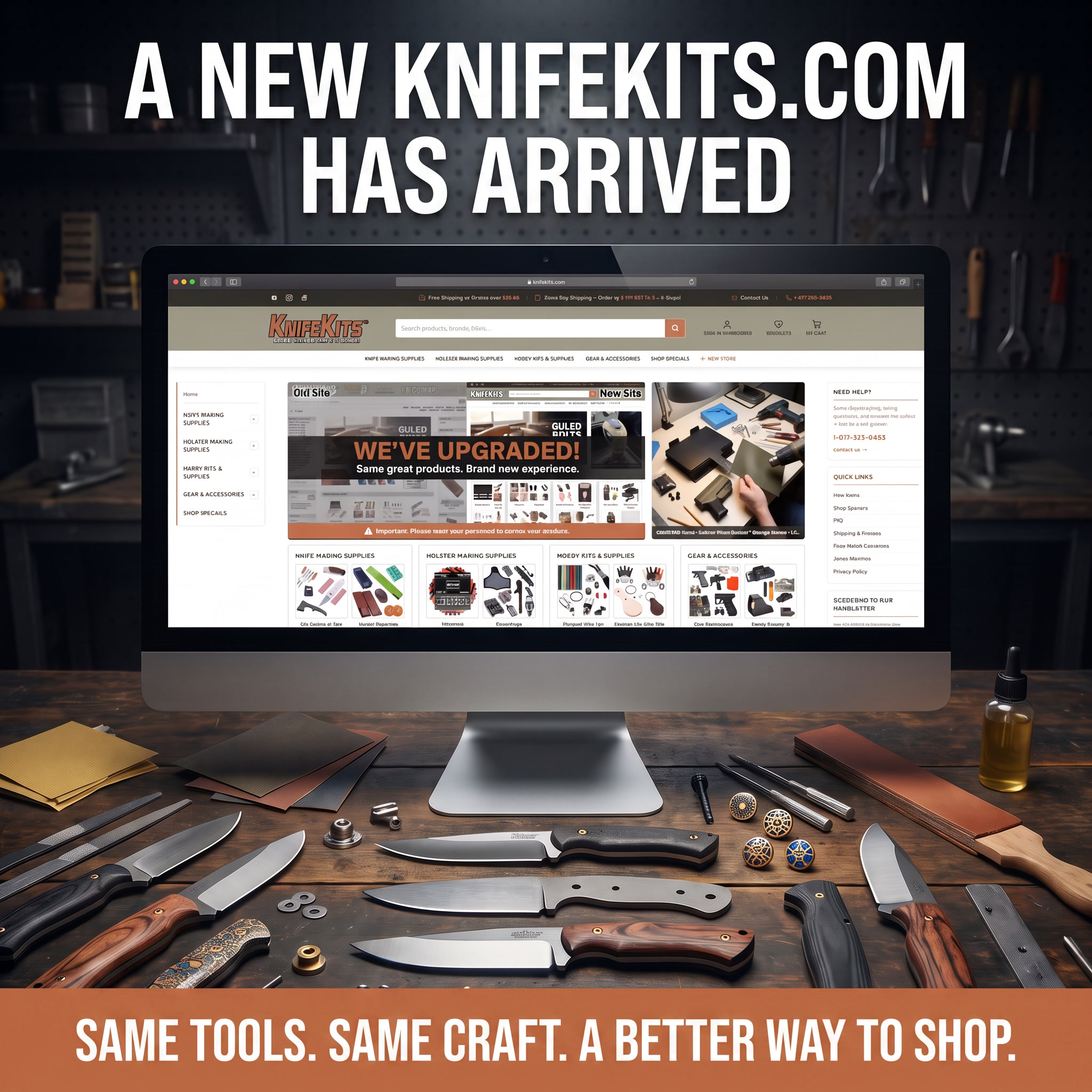 Computer screen with knifekits.com with text announcing the newly redesigned website for Knifekits.com
