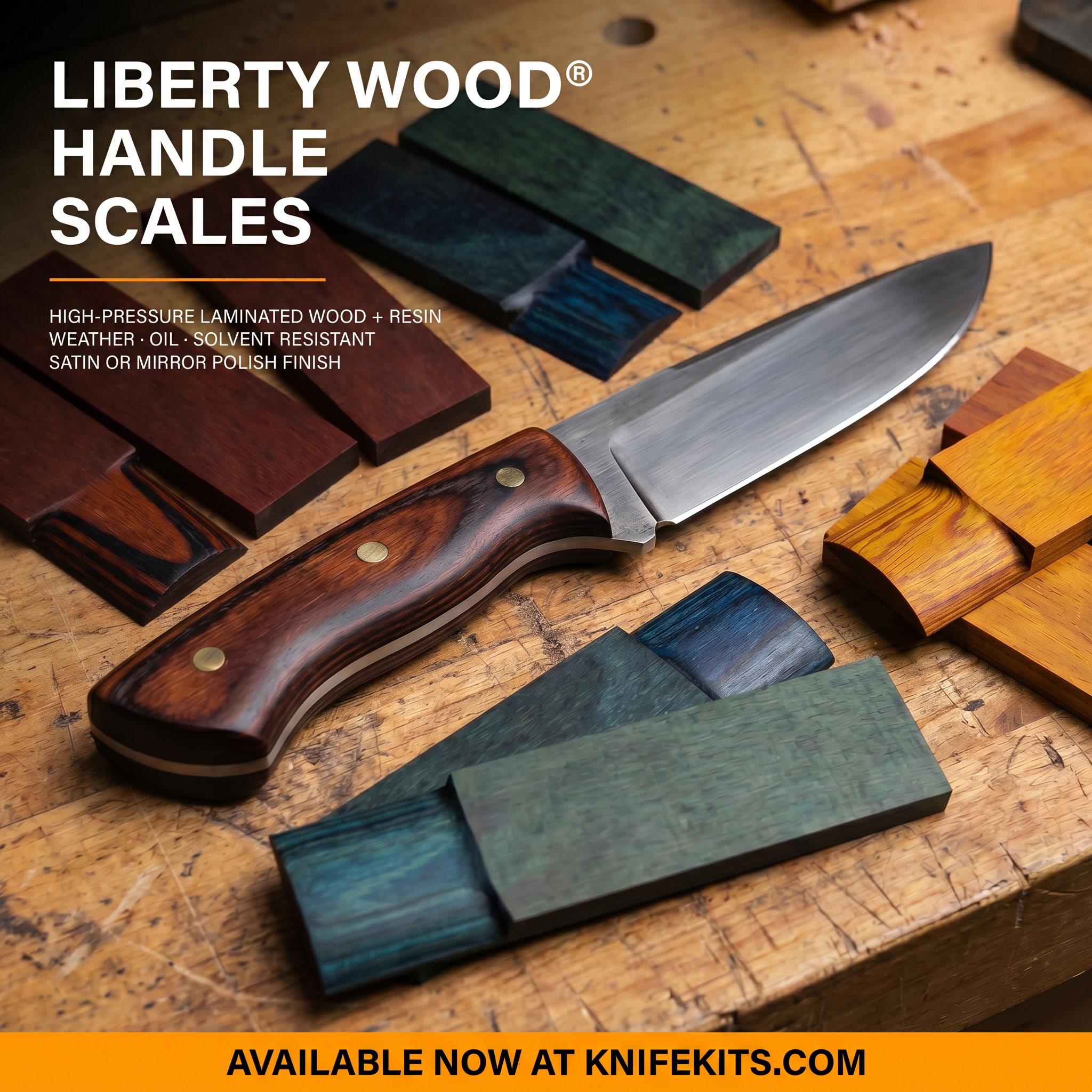 Liberty Wood® Handle Scales in thirteen new colors — Woodland/Tahi/Black, Walnut, Tropical Passion, Tahitian Green, Rosewood, Olive Green, Lemon, Indigo Royal, Fuchsia, Cocobolo, Black Charcoal, Aqua, and Light Walnut — 5.0 x 1.5 x 0.25 inches, laminated dyed wood in high-pressure resin, available at KnifeKits.com.