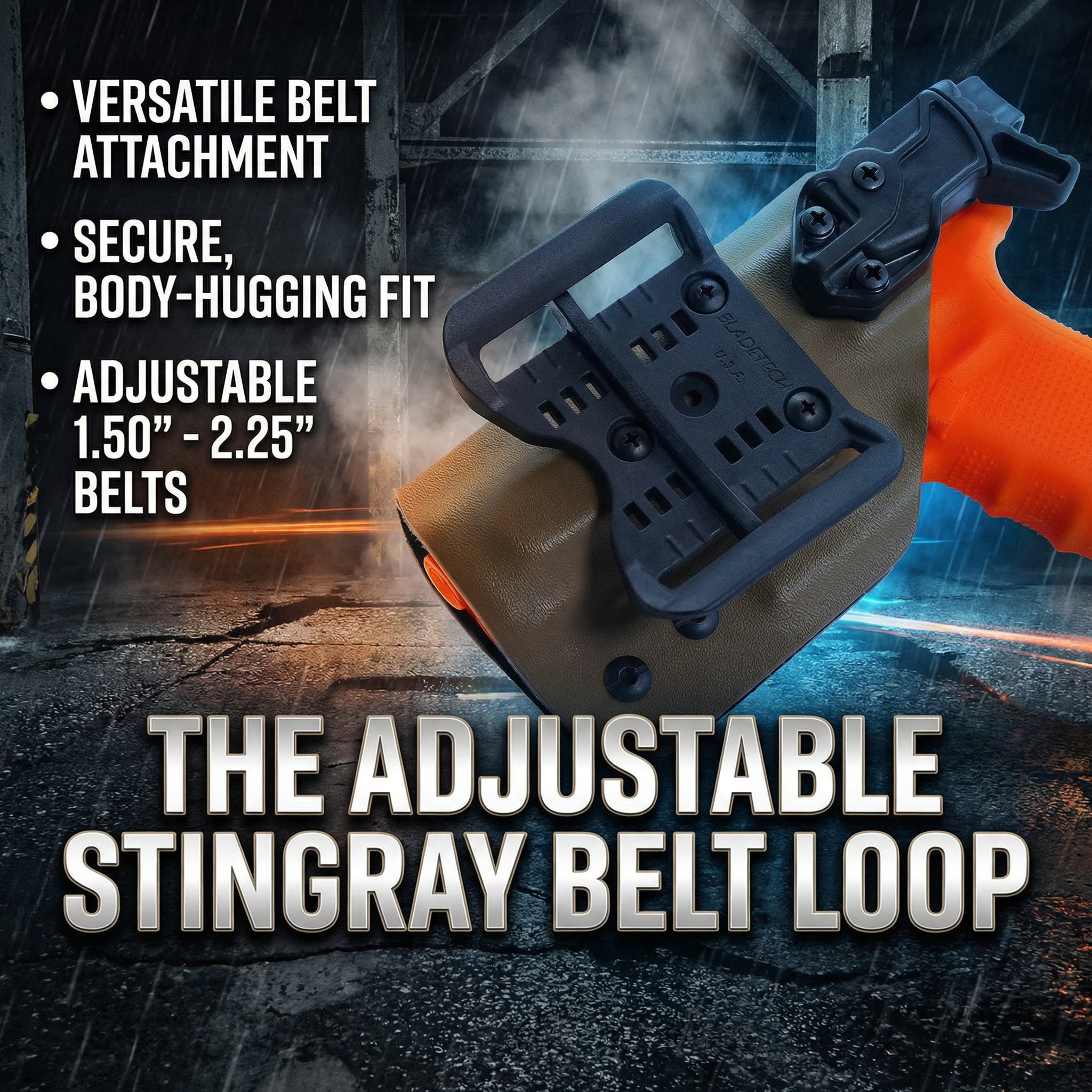 Blade-Tech Stingray belt loop securing holster firmly to belt, showing stable fit, adjustable width, and low-profile design for dependable everyday carry and custom builds.