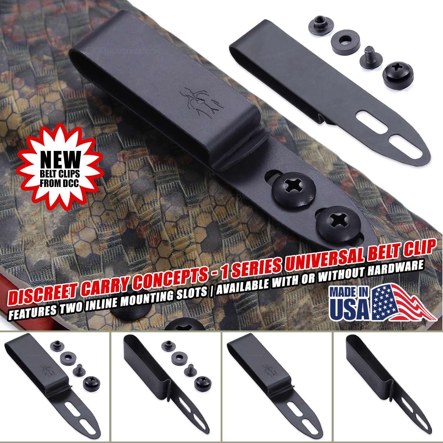 Discreet Carry Concepts gray metal belt clips for 1.50 and 1.75 inch belts with mounting hardware