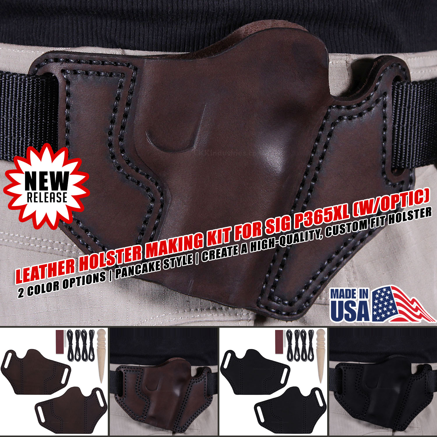 SIG P365XL with optic Leather Holster Making Kit with pre-cut espresso and black leather pieces, waxed thread, needles, sandpaper, and burnishing tool