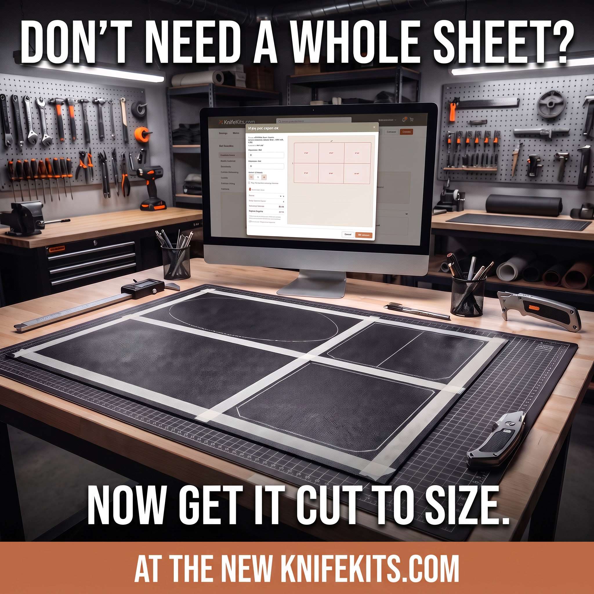 Custom Cuts Tool on KnifeKits.com showing a HOLSTEX sheet cut diagram with entered dimensions and the resulting piece count