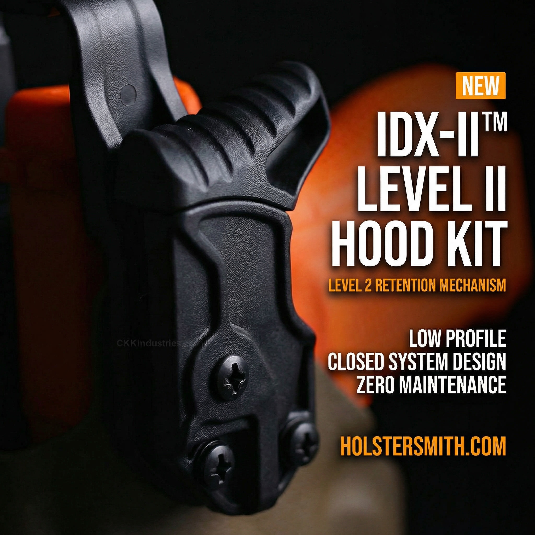 HOLSTEX® IDX-II™ Level II Hood Kit — duty-grade retention system shown mounted on a tactical holster, manufactured in the USA.