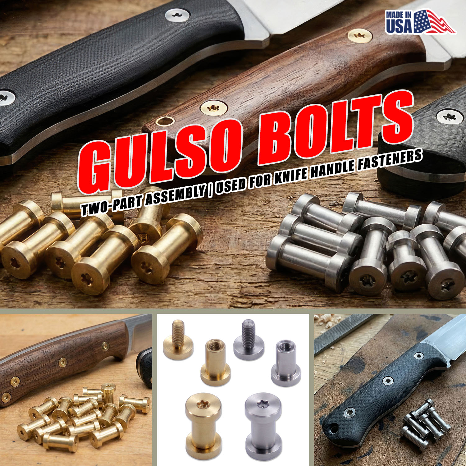 Gulso Bolt two-part handle fasteners in brass, stainless steel, and titanium, shown assembled and unassembled alongside a custom fixed-blade knife handle on a dark workshop surface.