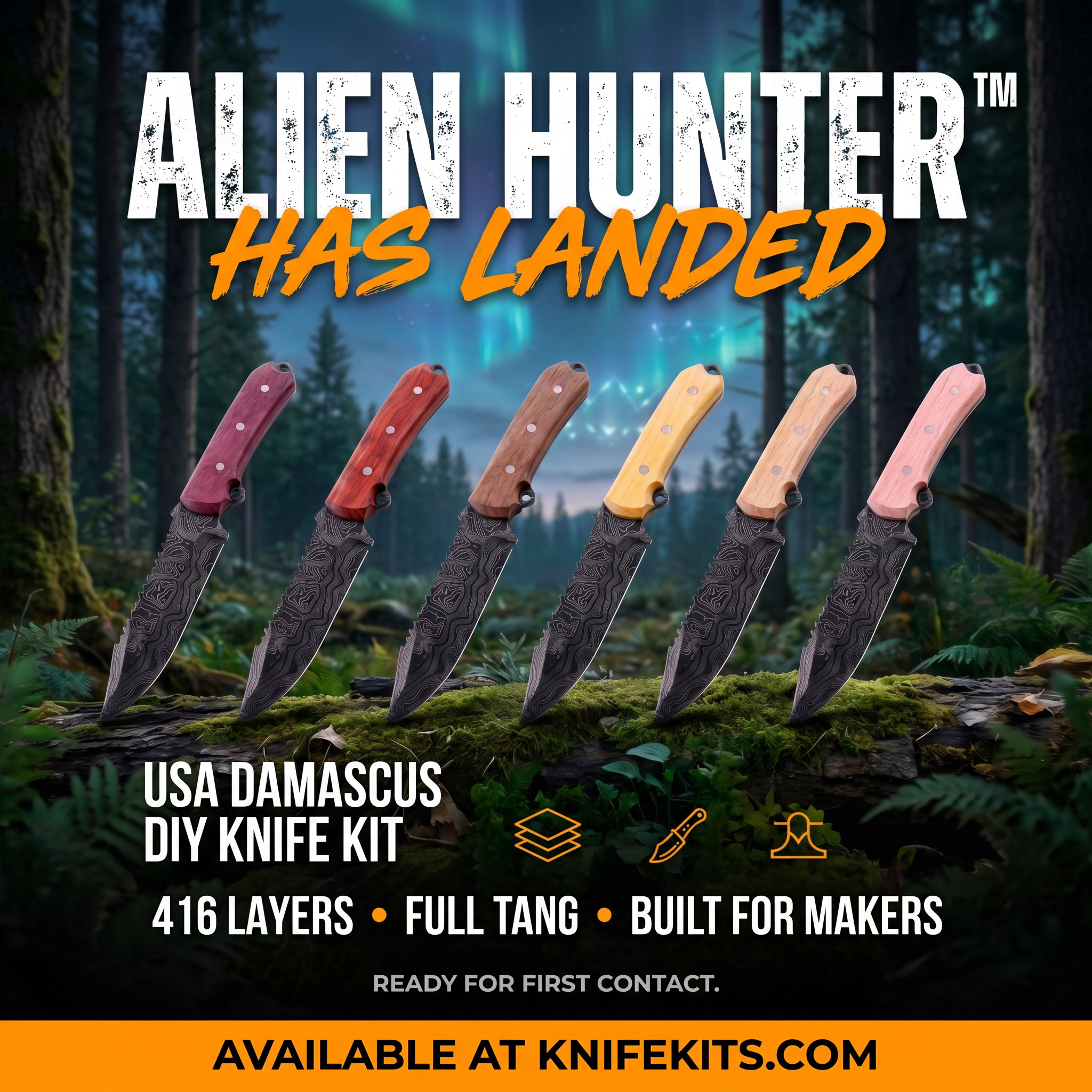 Alien Hunter™ USA Damascus Fixed Blade Knife Kit — 5-5/8“ hollow-ground carbon steel Damascus blade blank with stainless pinstock, full tang design, and optional exotic wood handle scales — available at KnifeKits.com®