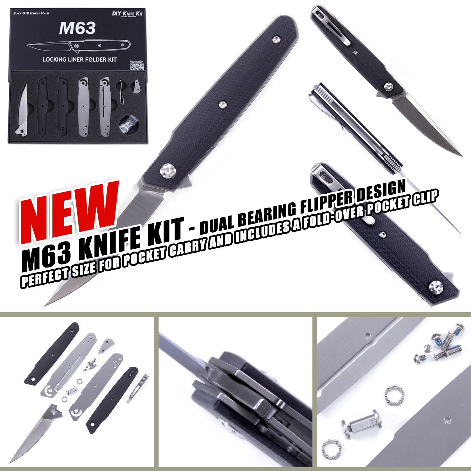 M63 Knife Kit – Dual Bearing Flipper with Black G10 Handles. Build your own fast-action folding knife with this DIY kit from KnifeKits.com.
