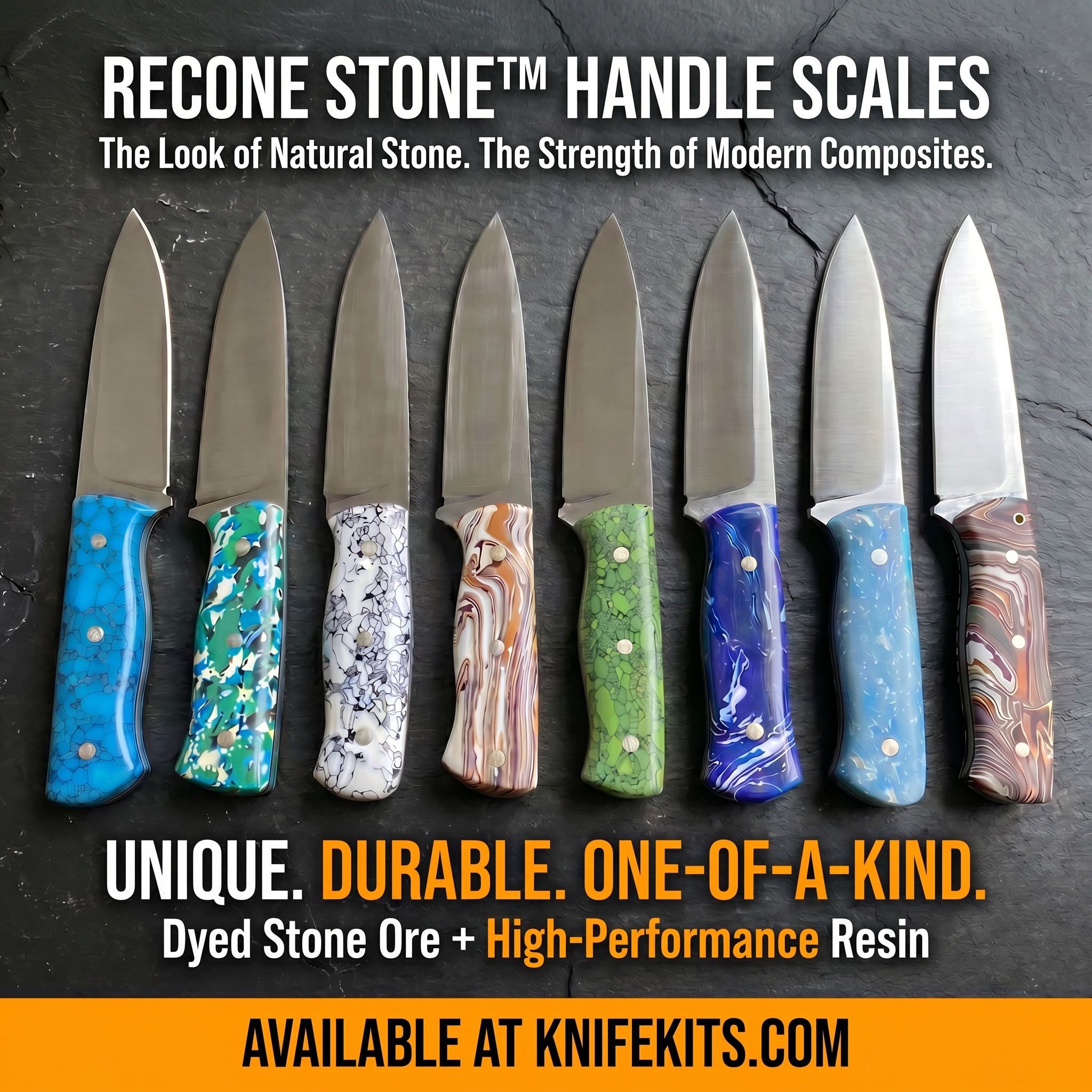 Eight Recone™ Stone knife handles arranged on a dark workshop surface, displaying the full range of colorways including Brown Spiney, Dark Blue Sky, Green Web, Old Lace White, Snow Fall, Turquoise Web, Water Forest Hill, and White and Black —showing distinct mineral veining and depth, crafted from dyed stone ore and high-performance resin composite. Available at KnifeKits.com.