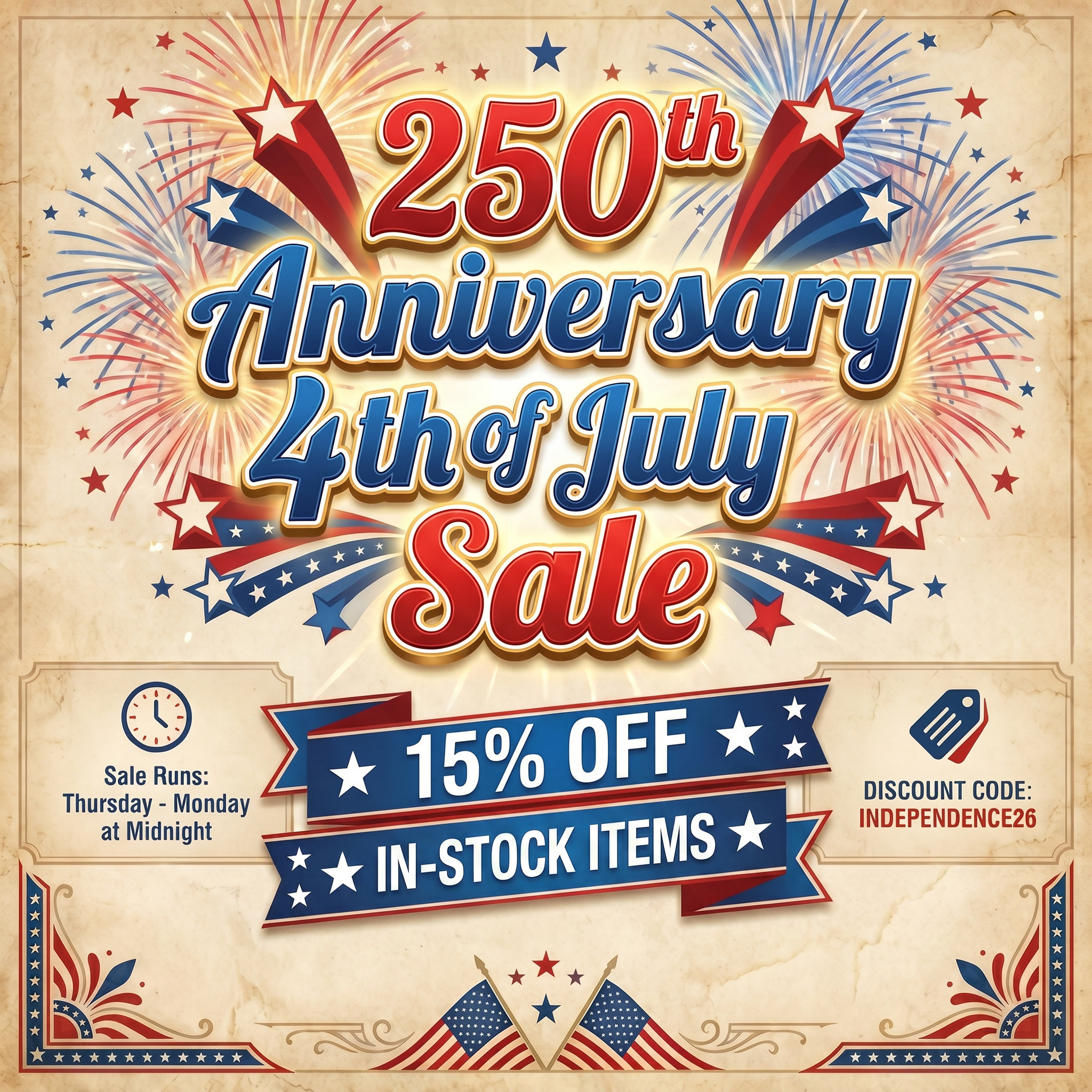 HolsterSmith.com Independence Day Sale — 15% off all in-stock holster making materials, tools, hardware, and accessories. Use code INDEPENDENCE26 at checkout. Valid July 2–6, 2026. Celebrating 250 years of American freedom.