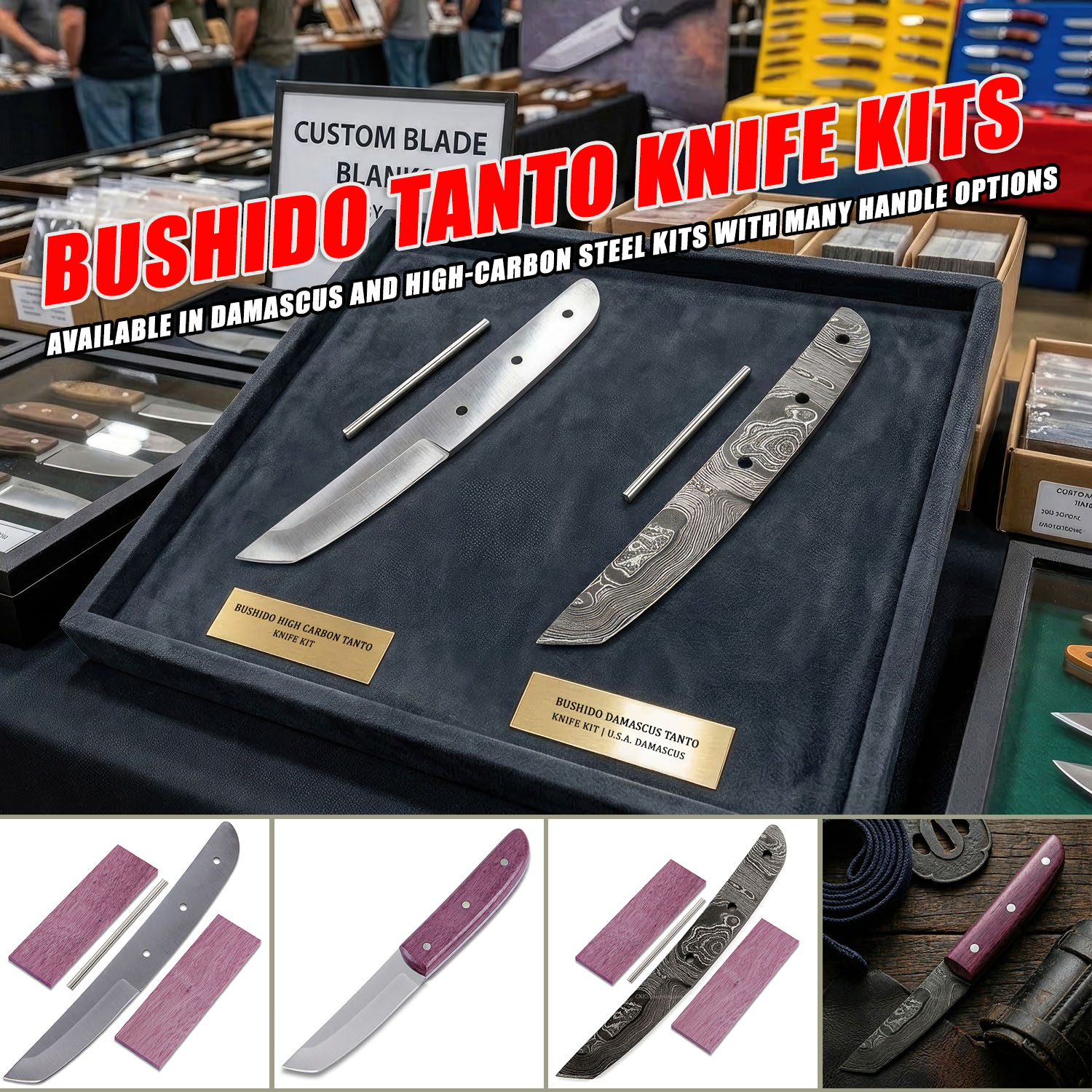 USA-made Bushido tanto blade kit with exotic wood handle scales