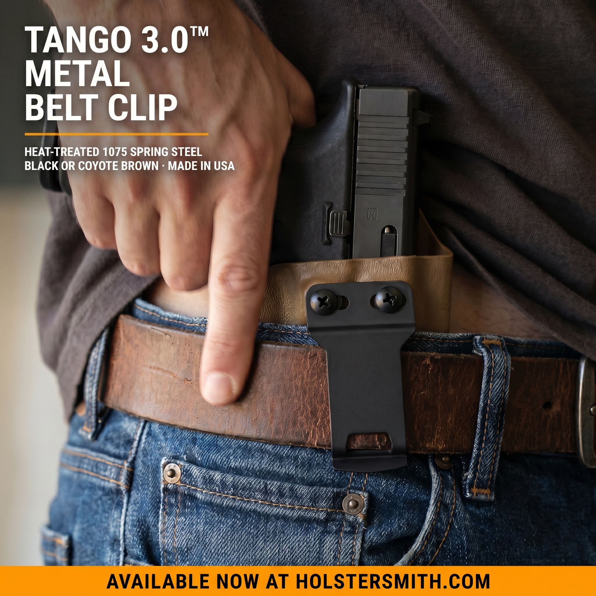 The Tango 3.0 Concealment Clip — a low-profile, 1075 heat-treated spring steel holster clip with retention lance and anti-snag pry lip, shown on belt, available from HolsterSmith.com.