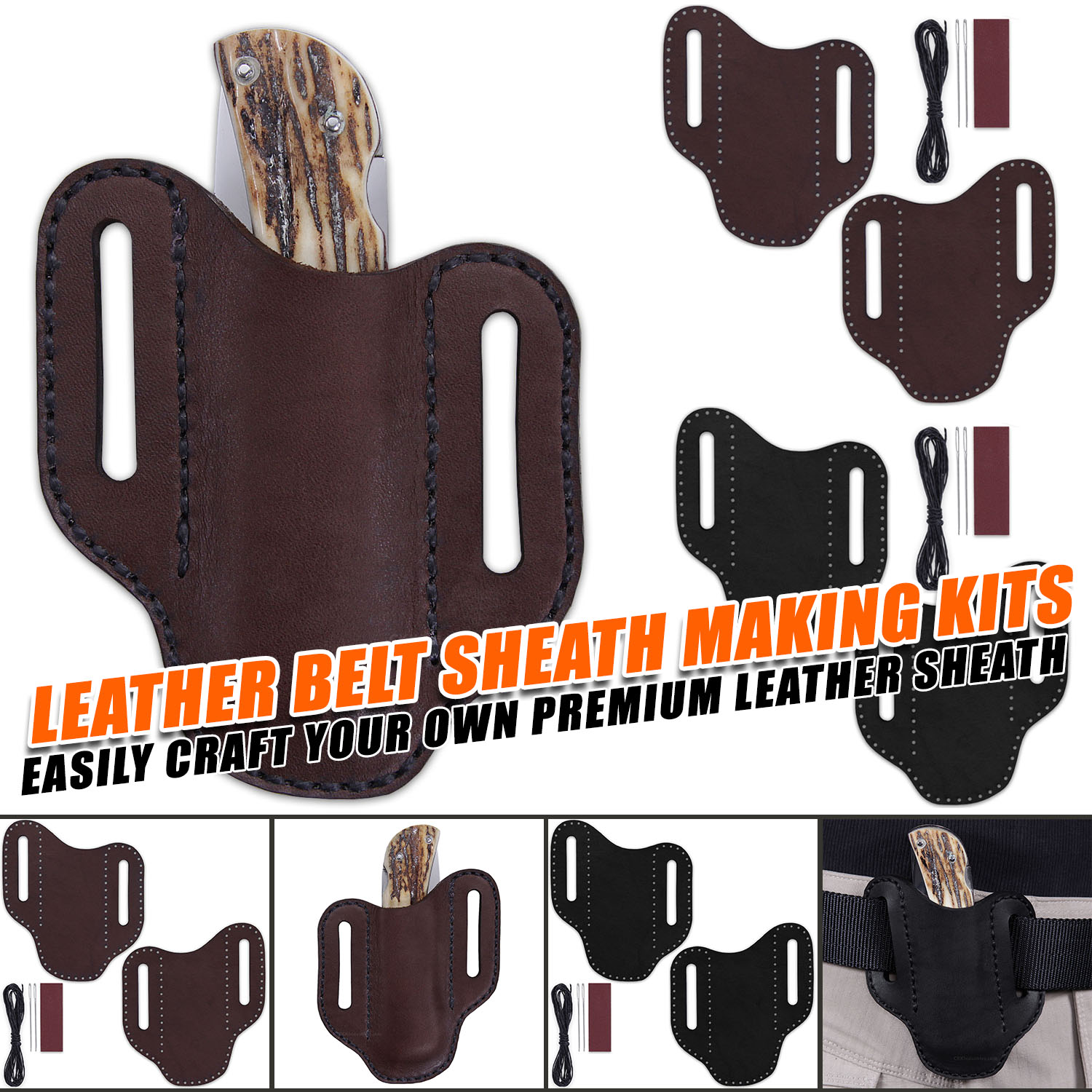 Image of a handcrafted leather belt sheath in black and espresso, made using the Medium Folding Knife Sheath Kit from Holstersmith.com, shown with tools and materials included in the kit.