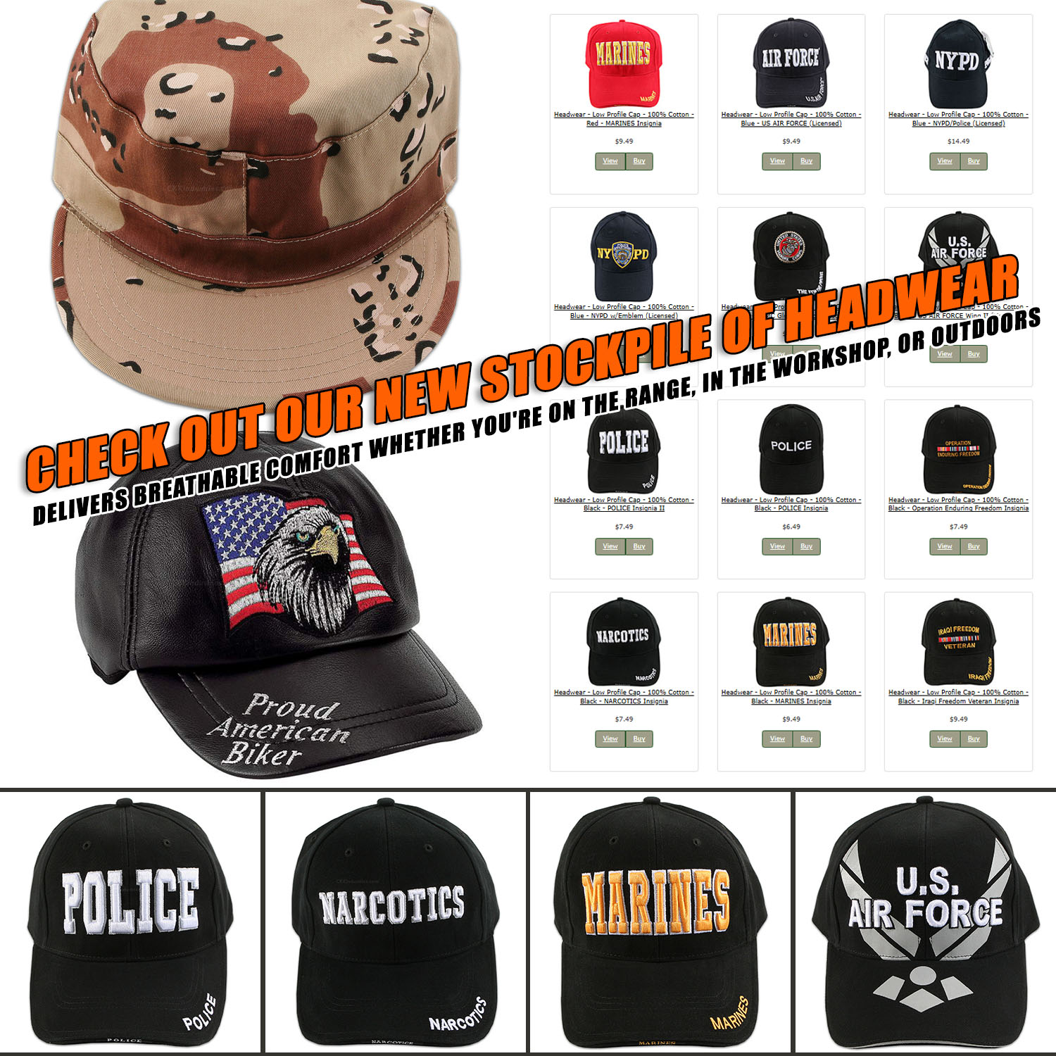 Assorted tactical and veteran headwear including fatigue caps, leather biker hats, and embroidered cotton caps for military, police, and first responders.