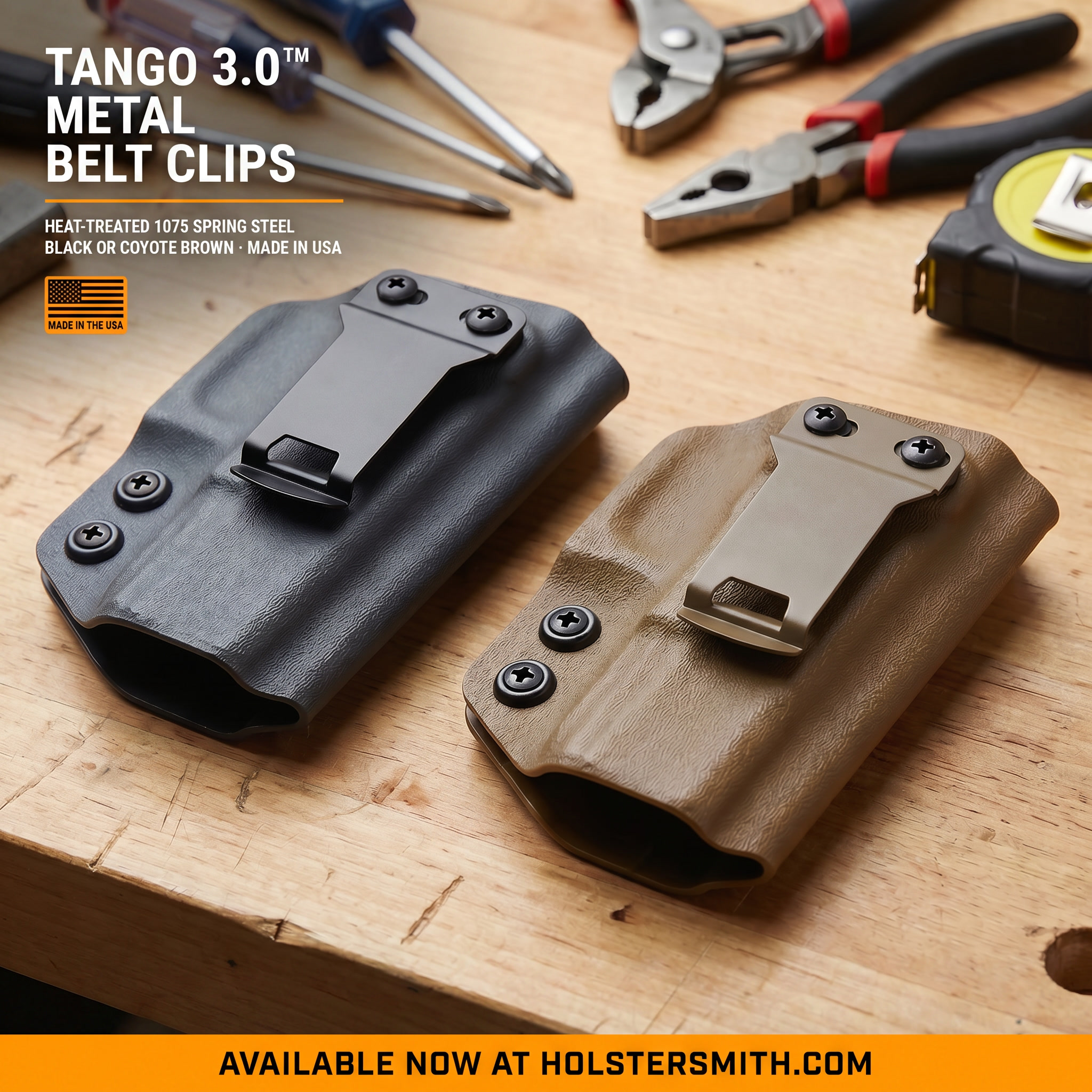 The Tango 3.0 Concealment Clip — a low-profile, 1075 heat-treated spring steel holster clip with retention lance and anti-snag pry lip, shown in Black and coyote brown finish against a wood background, available from HolsterSmith.com.