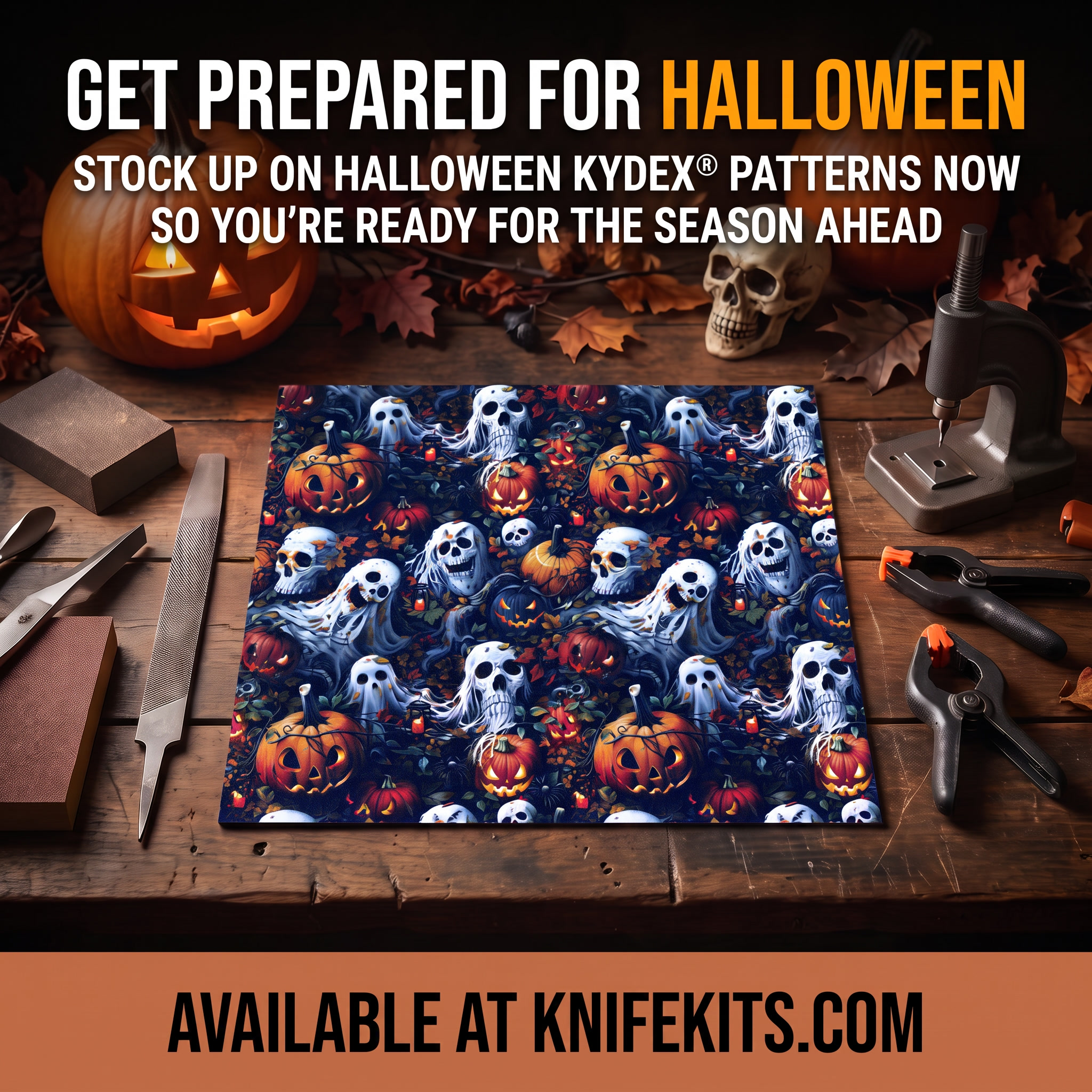 A collection of Halloween-themed KYDEX® thermoform sheets displaying spooky designs including jack-o-lanterns, skulls, ghosts, and autumn leaves in fall colors. These infused graphic sheets showcase the digital printing process applied to professional-grade thermoform material, featuring a 3D depth effect ideal for holster and sheath making.