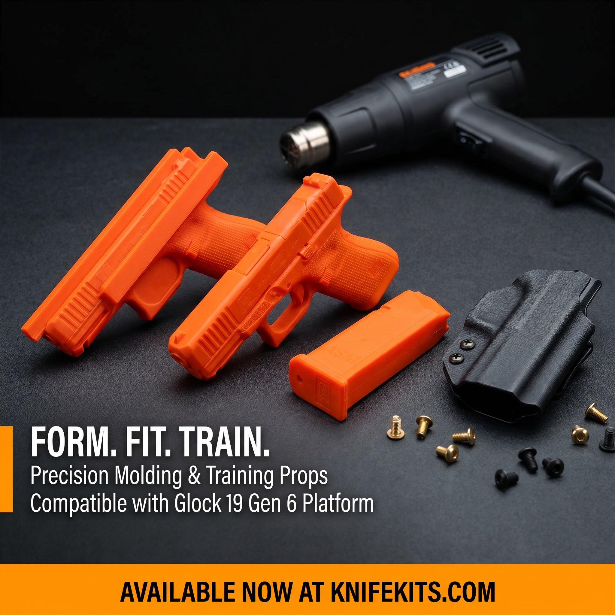 Three American Safety Molds™ Blaze Orange firearm replica props compatible with Glock® 19 Gen 6 — the Holster Mold Prepped, the Trainer, and the Training Magazine — displayed on a dark workshop surface alongside KYDEX® holster-making materials at KnifeKits.com.