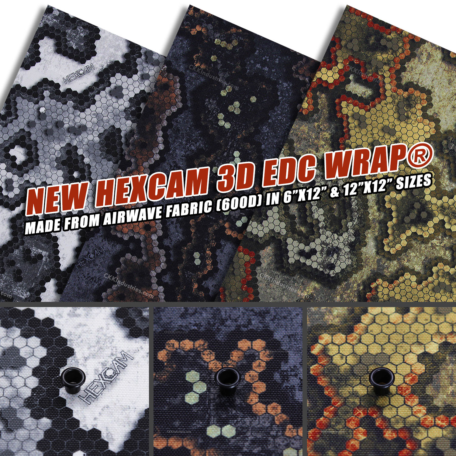 EDC Wrap adhesive fabric in HexCam patterns showing 7 tactical designs including forest green 5echo, blue ridge camouflage, purple Himalayan, classic blue Kenai, grayscale Pompeii, navy Specter with orange accents, and earth-tone Wasteland patterns on durable 600D Airwave fabric