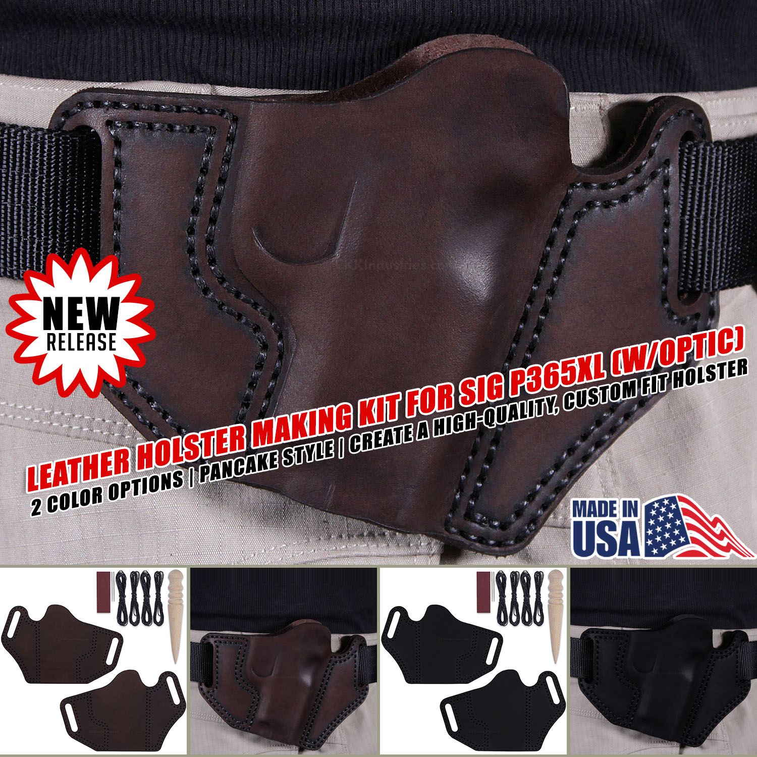 SIG P365XL with optic Leather Holster Making Kit with pre-cut espresso and black leather pieces, waxed thread, needles, sandpaper, and burnishing tool