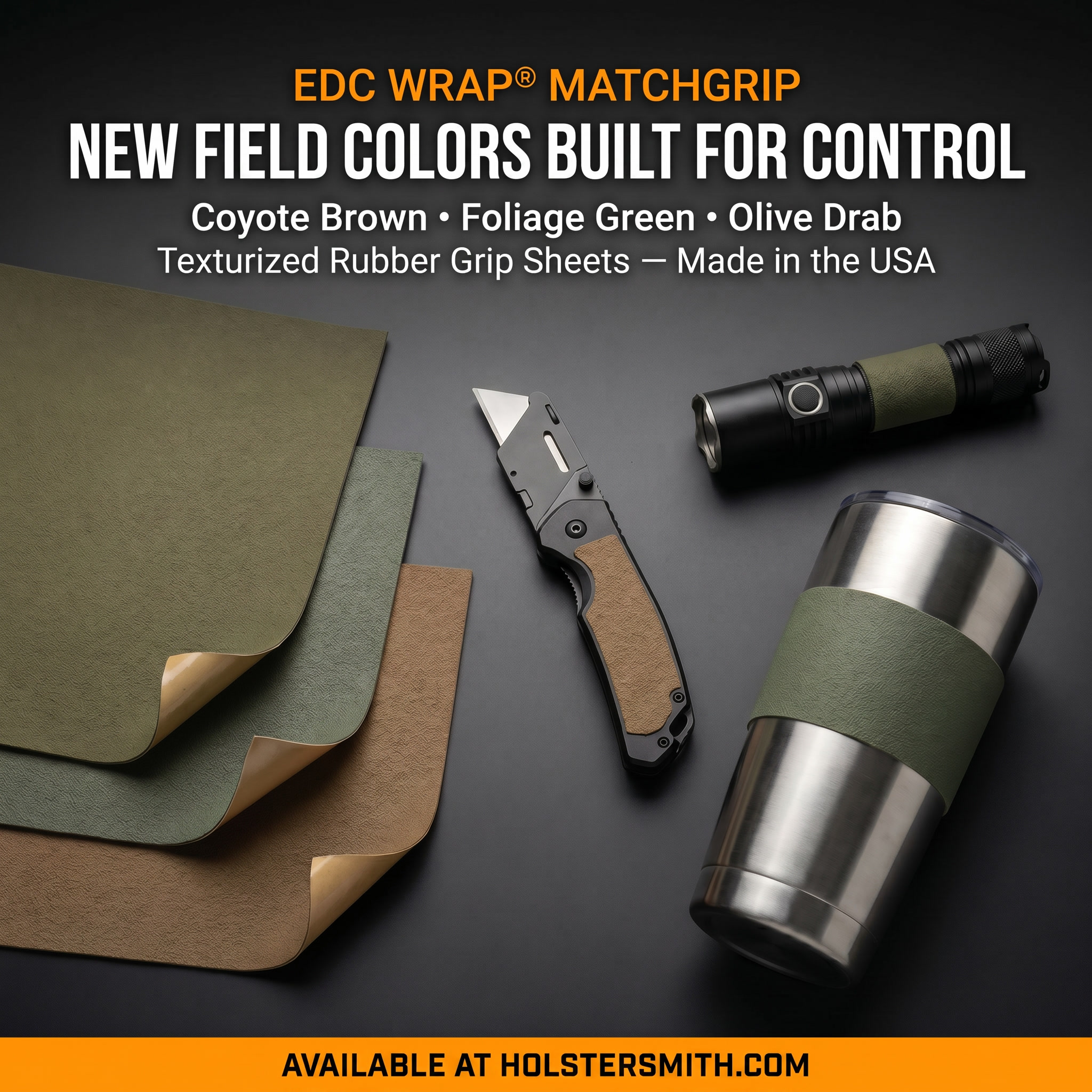 Three swatches of EDC Wrap MatchGrip texturized rubber grip material in Olive Drab, Foliage Green, and Coyote Brown, available in 12x12 and 6x12 inch sheets.