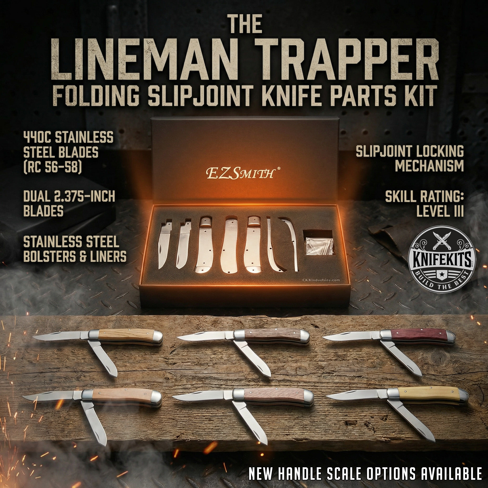 Lineman Trapper™ Folding Slipjoint Knife Kit with premium wood handle scales in Bubinga, Canarywood, Curly Maple, Lacewood, Mahogany, Purpleheart, Walnut, and Yellowheart — Made in the U.S.A. by KnifeKits.com®