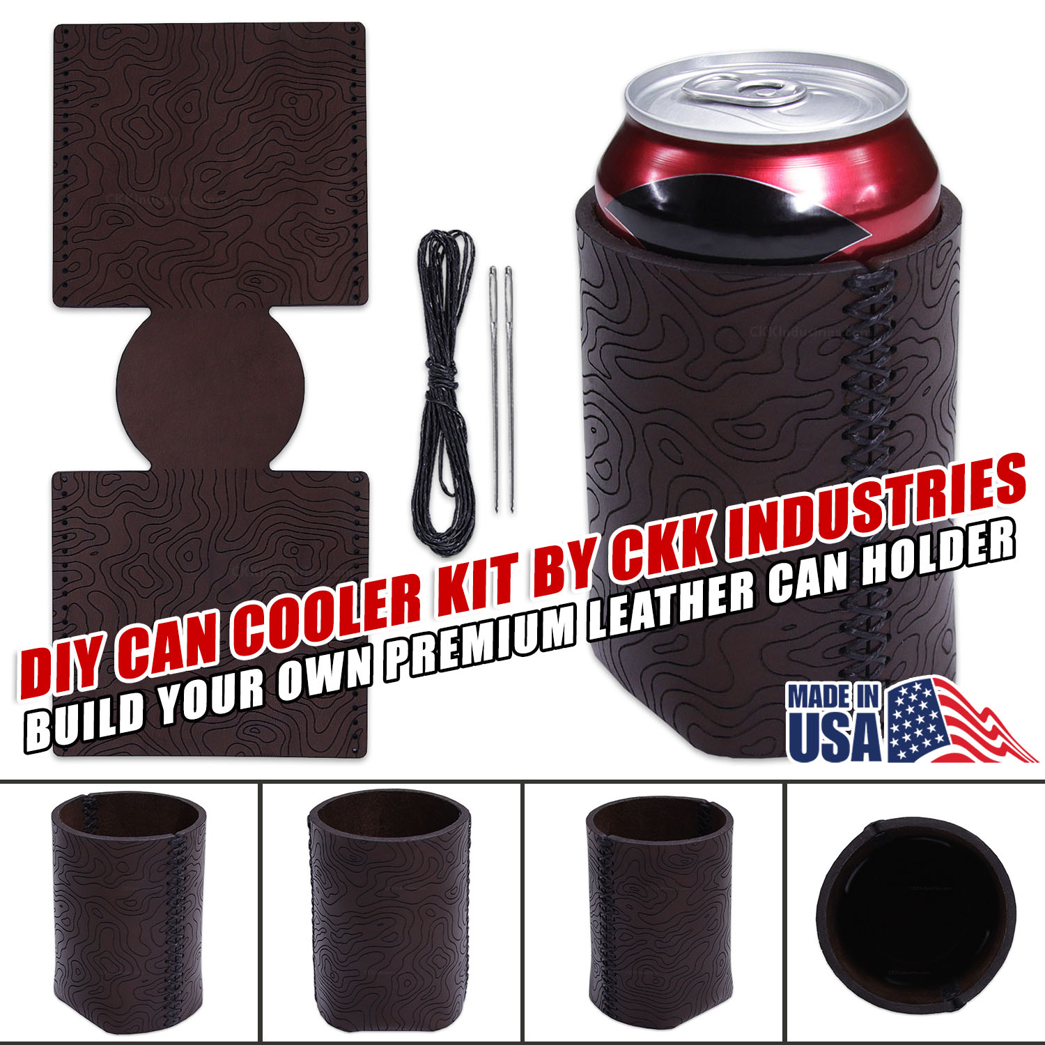 Handcrafted leather can cooler made from 8-9oz cowhide leather holding a 12oz can, showing premium construction and natural leather texture
