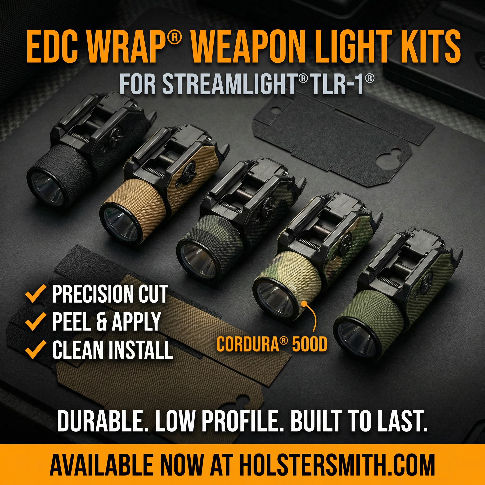 EDC Wrap® Weapon Light Wrap Kit for the Streamlight TLR-1, available in Cordura® 500D fabric and MatchGrip texturized rubber. Precision-cut, water repellent, and Made in the USA. Available at HolsterSmith.com.