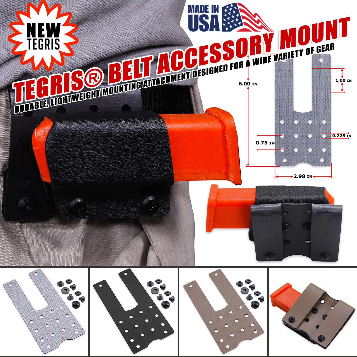 Tegris® Belt Accessory Mount in black, silver, and coyote brown with mounting hardware including screws, posts, and washers