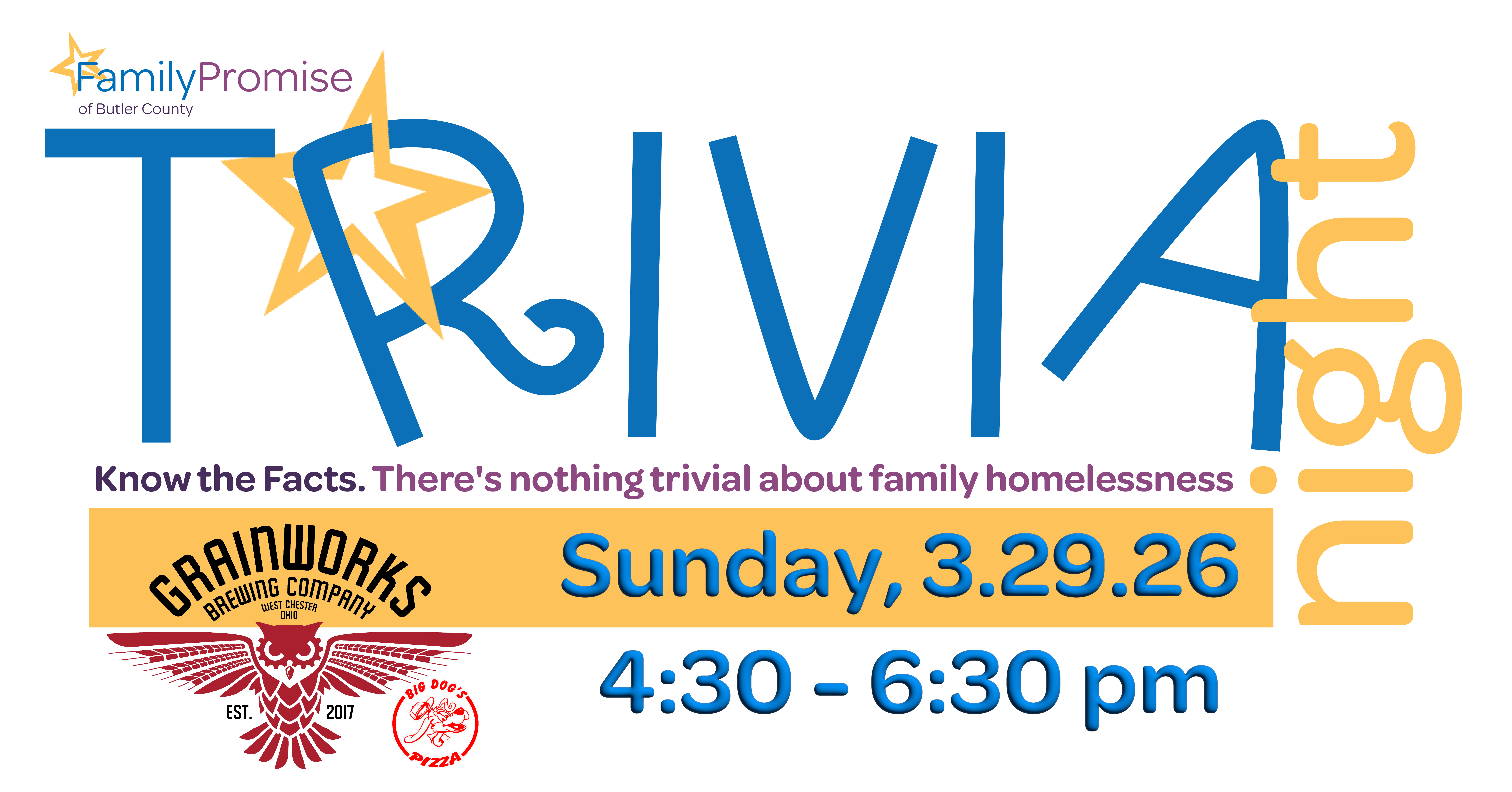 Trivia Night is Sunday, April 27, 4:30 - 6:30 pm at Grainworks in West Chester