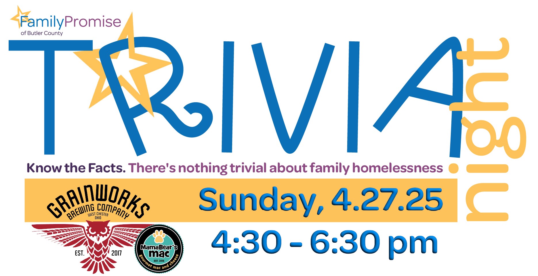Trivia Night is Sunday, April 27, 4:30 - 6:30 pm at Grainworks in West Chester