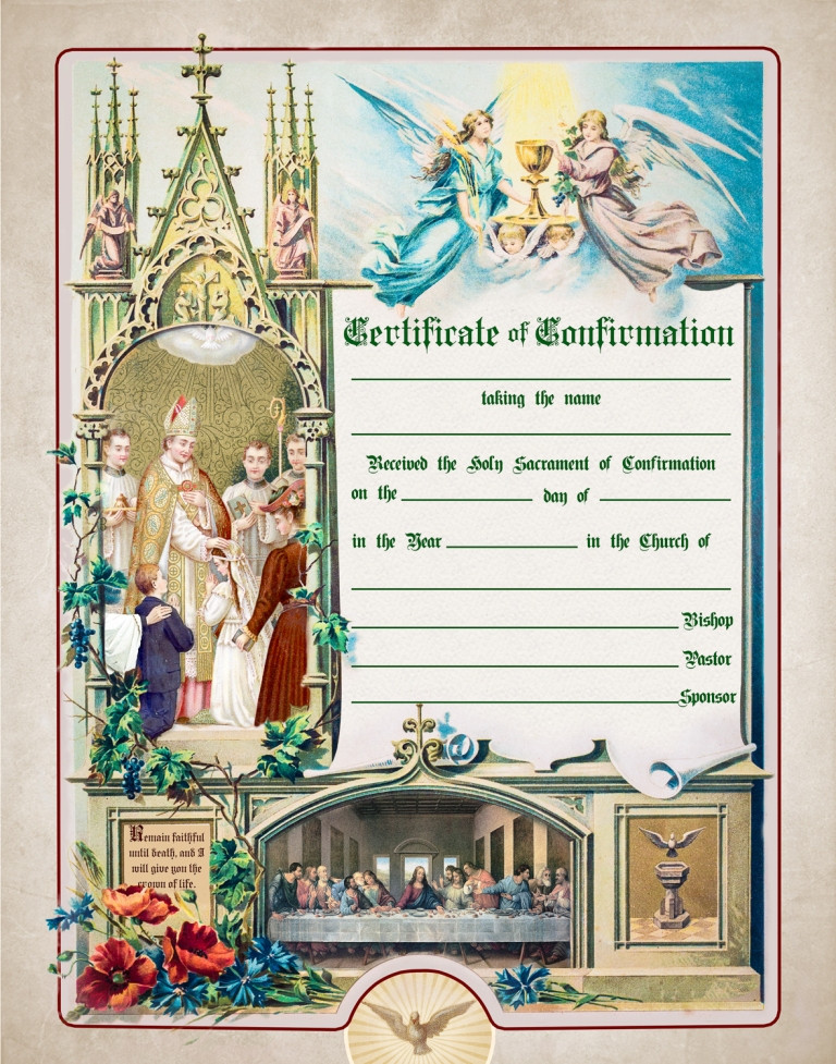 Traditional Confirmation Sacrament Certificate with Bishop Unframed