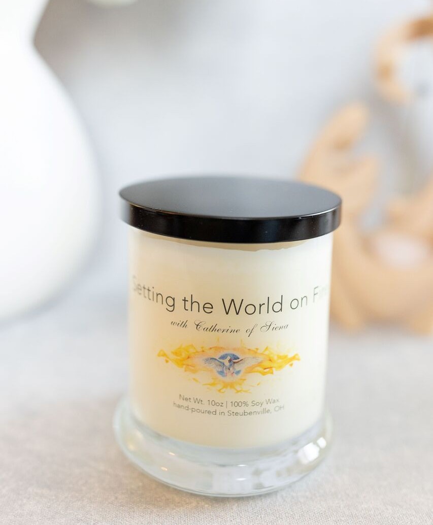 “Setting the World on Fire with Catherine of Siena“ Wood Smoke Soy Candle
