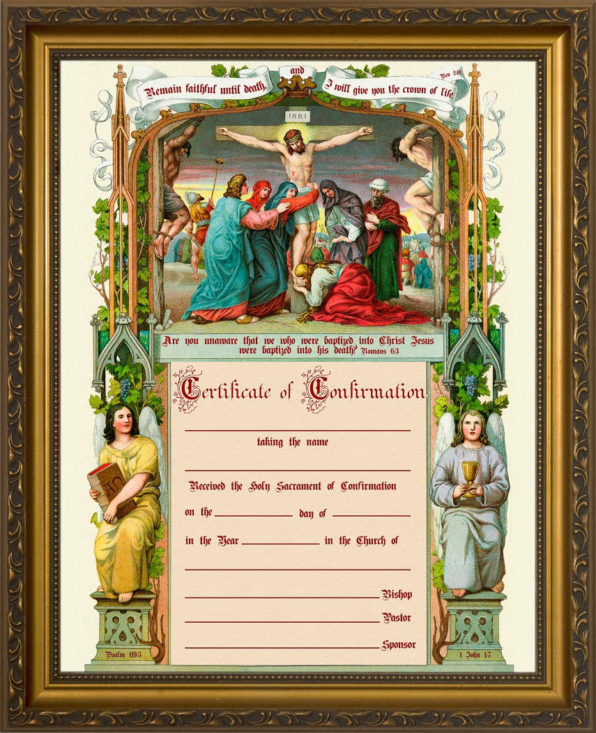 Traditional Confirmation Sacrament Certificate with Crucifixion in Gold Frame