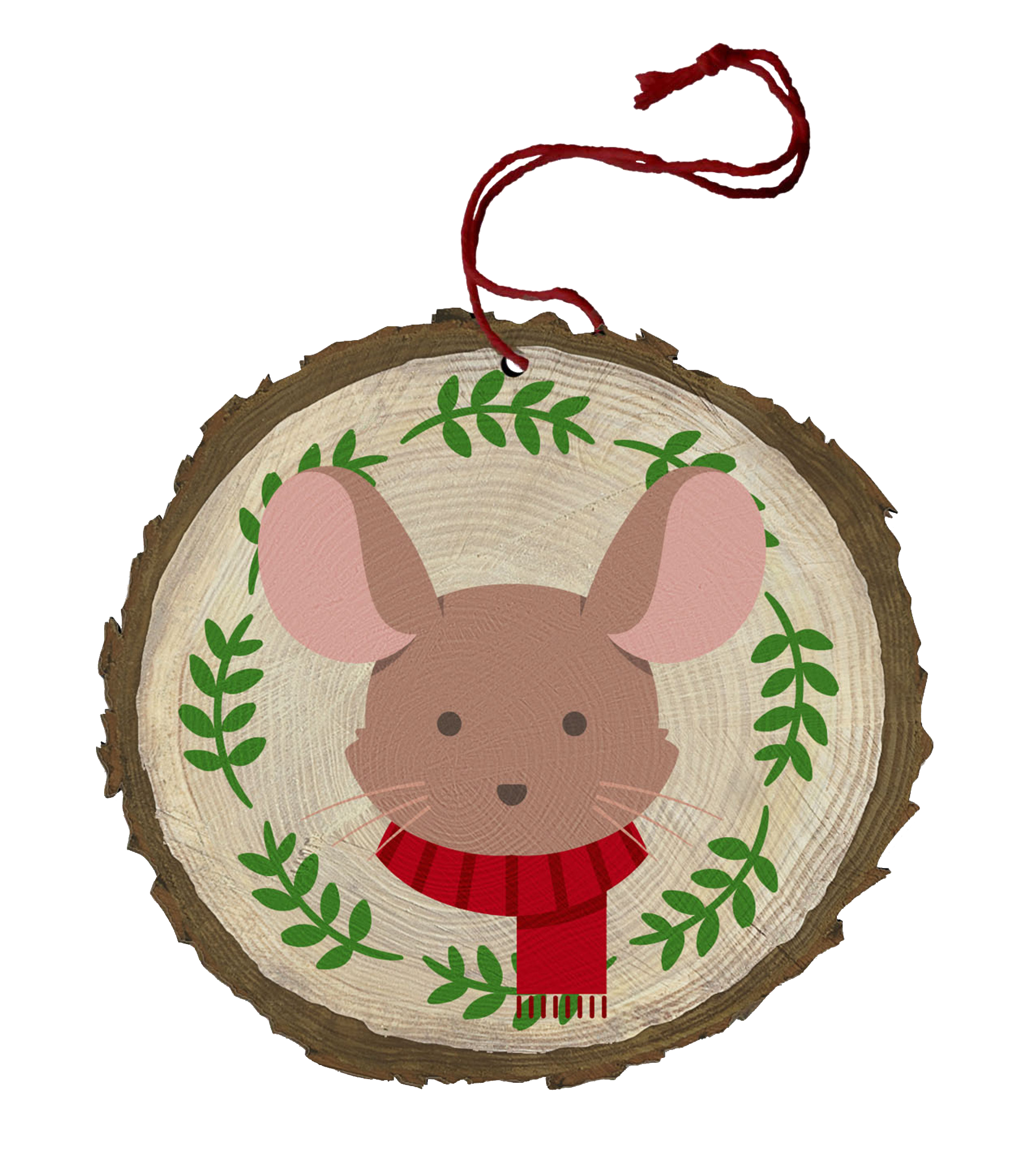 Cute Mouse with Red Scarf Vintage Log End Wood Ornament