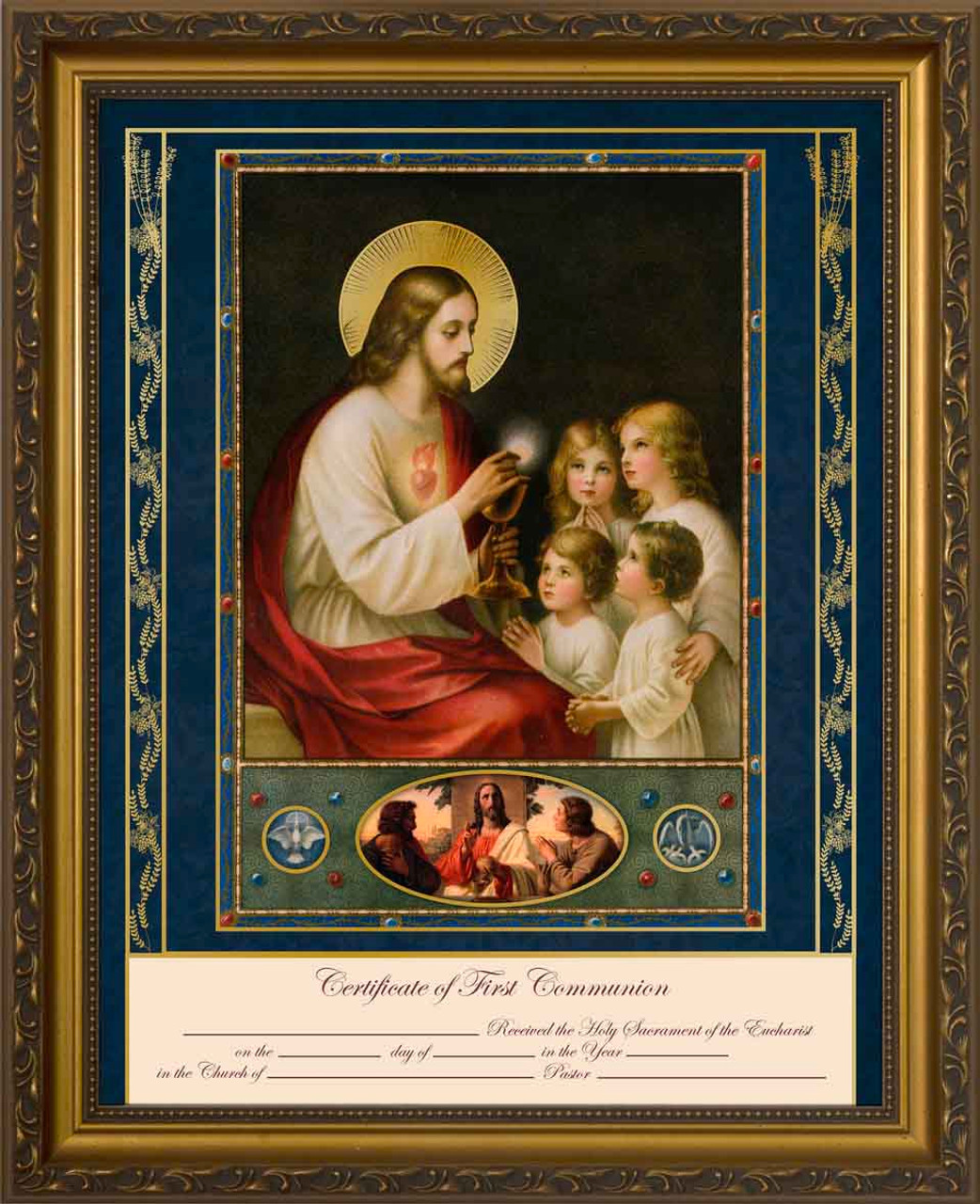 Traditional First Communion Certificate with Gold Frame