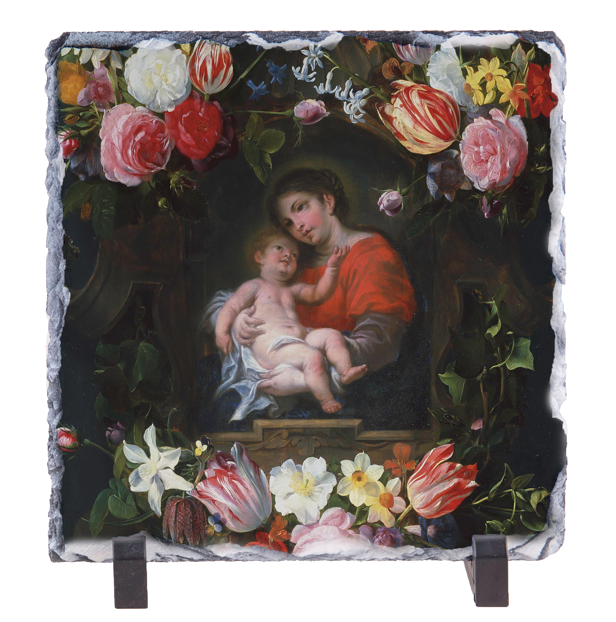 Garland of Flowers with Madonna and Child Square Slate Tile